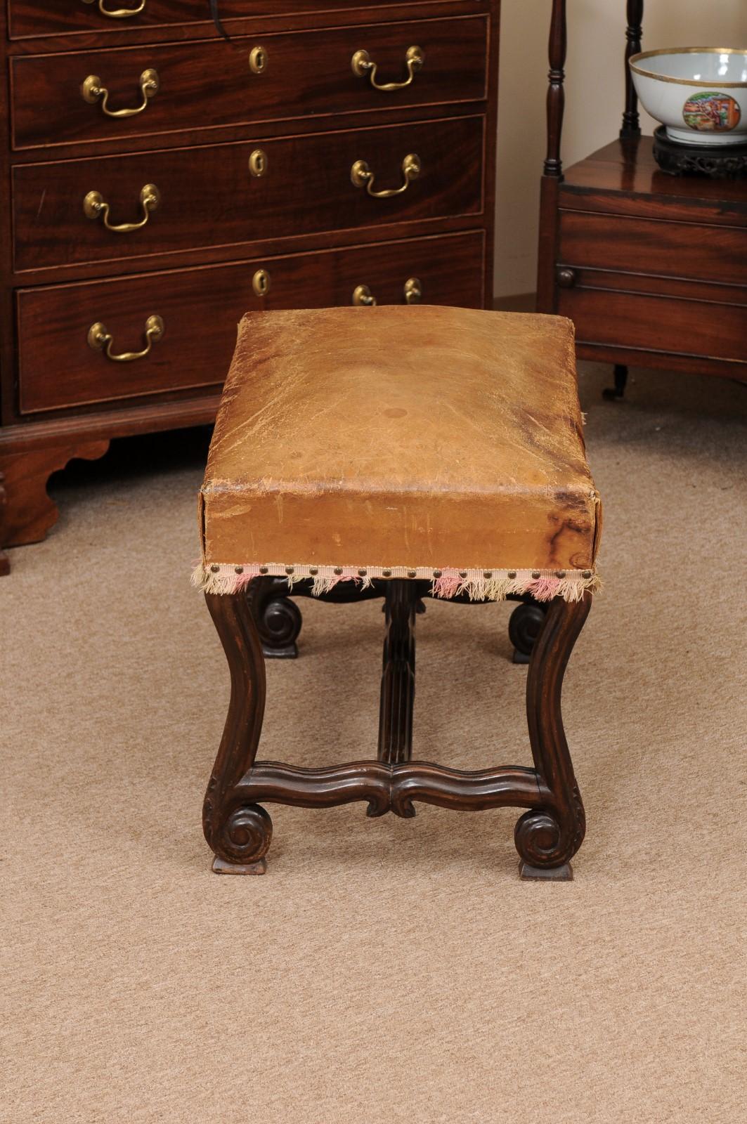 French Louis XIV Style Mutton Bone Bench with Tan Leather Top & Stretcher 6