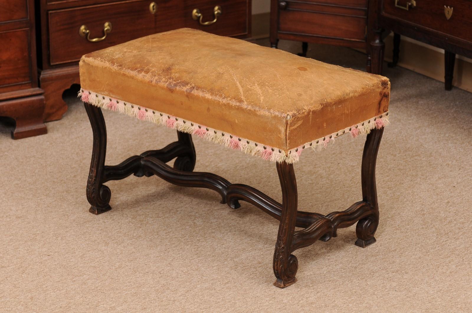 French Louis XIV Style Mutton Bone Bench with Tan Leather Top & Stretcher 7