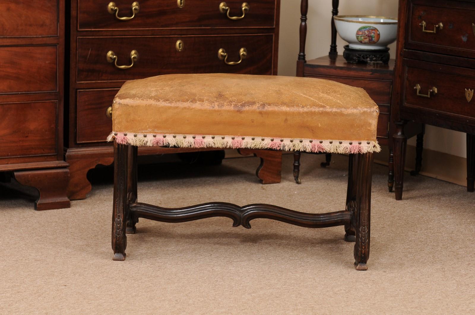 French Louis XIV Style Mutton Bone Bench with Tan Leather Top & Stretcher 8