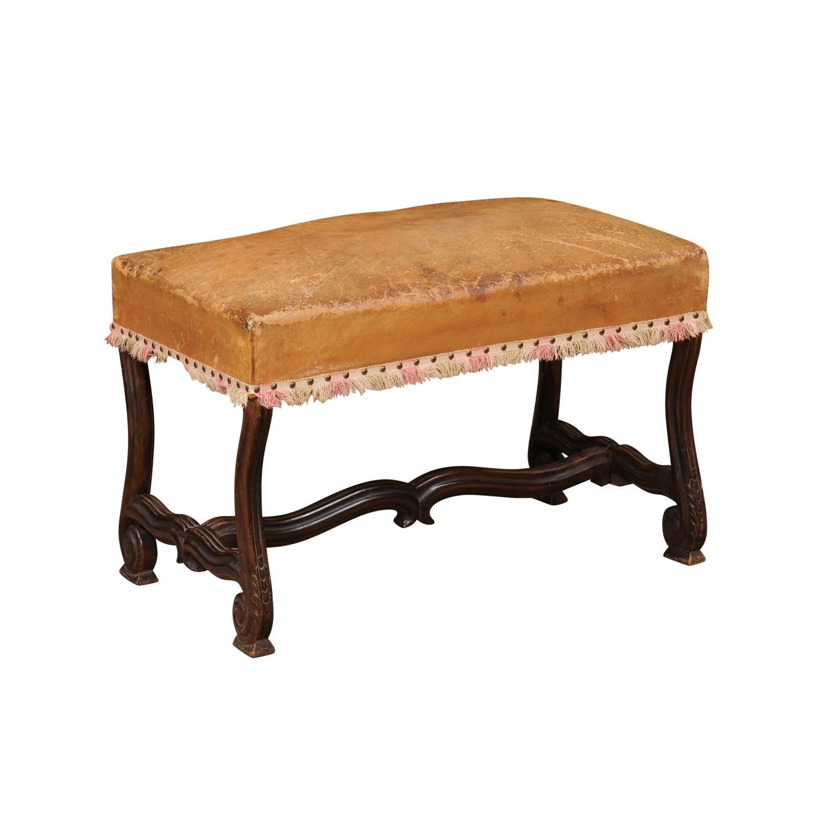 French Louis XIV Style Mutton Bone Bench with Tan Leather Top & Stretcher, 19th Century