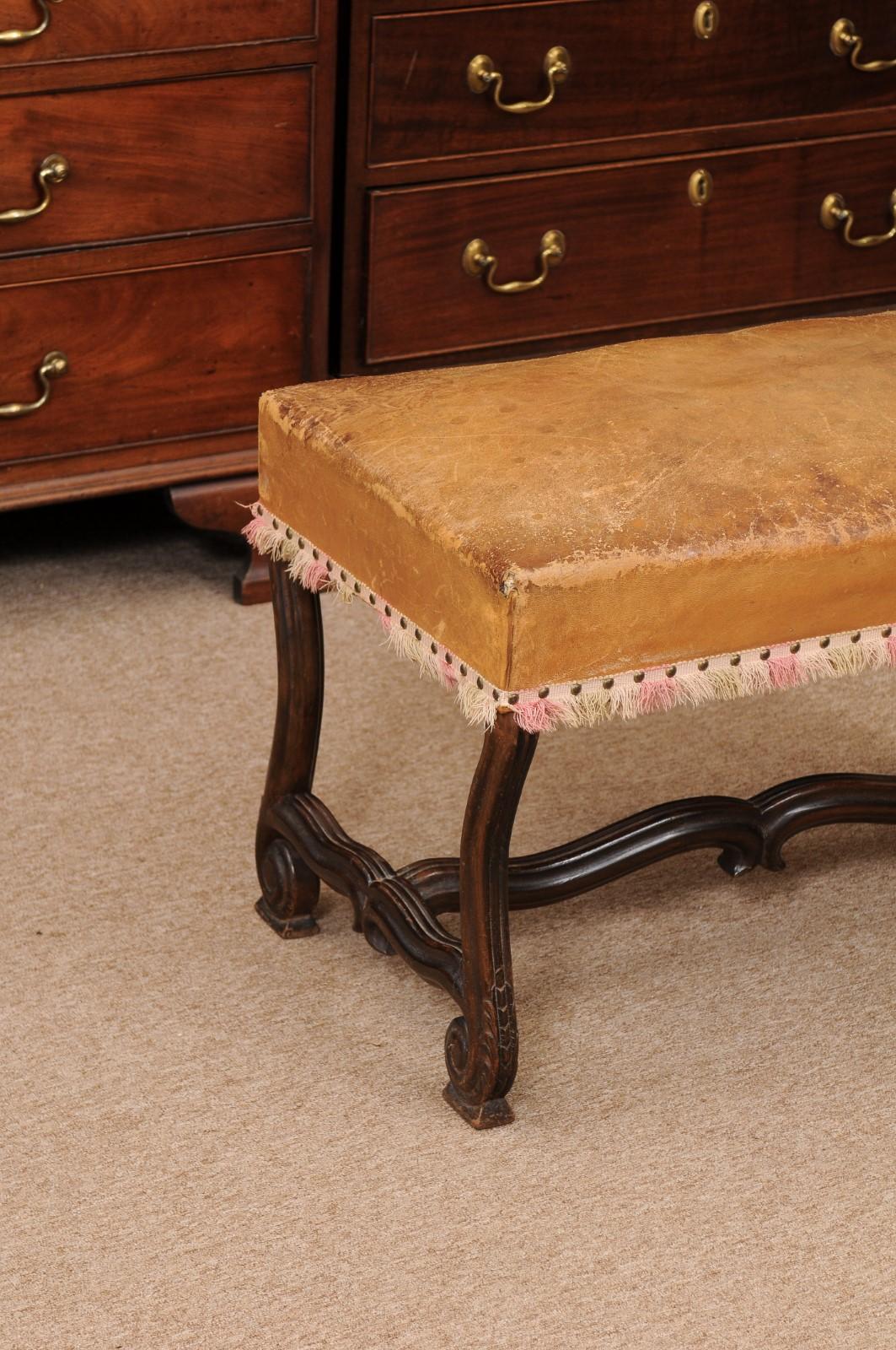 19th Century French Louis XIV Style Mutton Bone Bench with Tan Leather Top & Stretcher