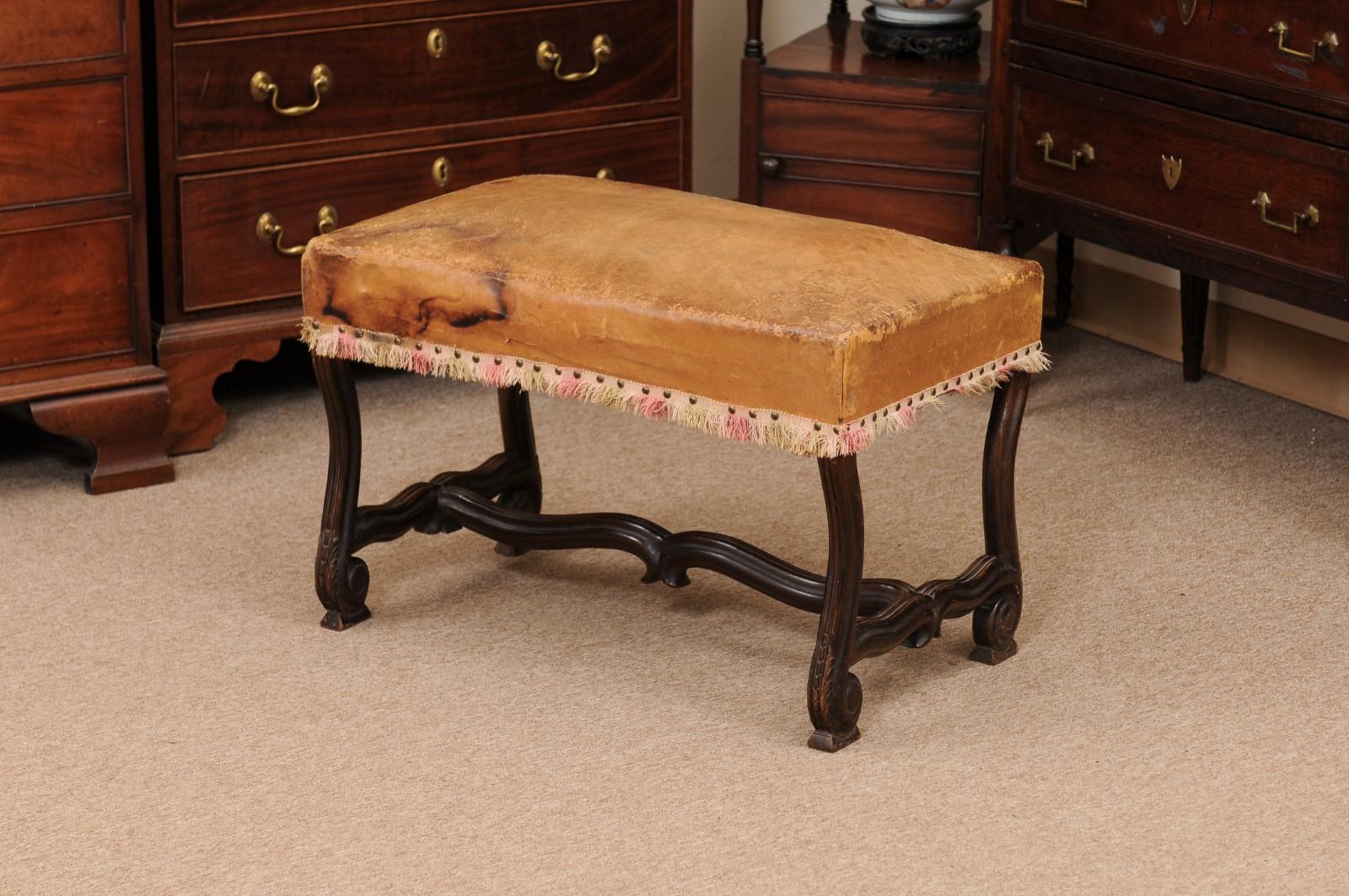 French Louis XIV Style Mutton Bone Bench with Tan Leather Top & Stretcher 3
