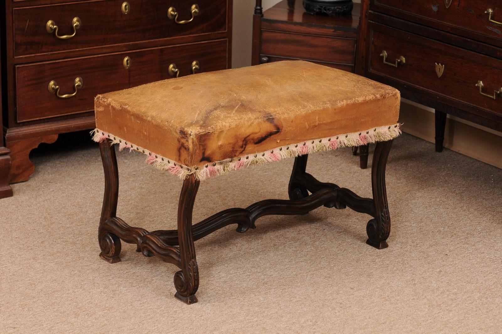 French Louis XIV Style Mutton Bone Bench with Tan Leather Top & Stretcher 5