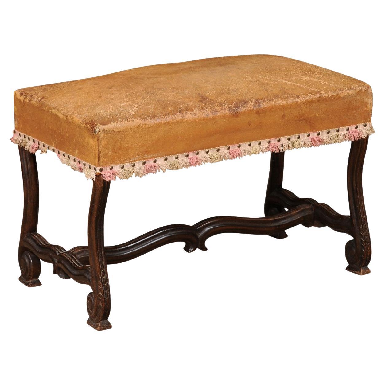 French Louis XIV Style Mutton Bone Bench with Tan Leather Top & Stretcher