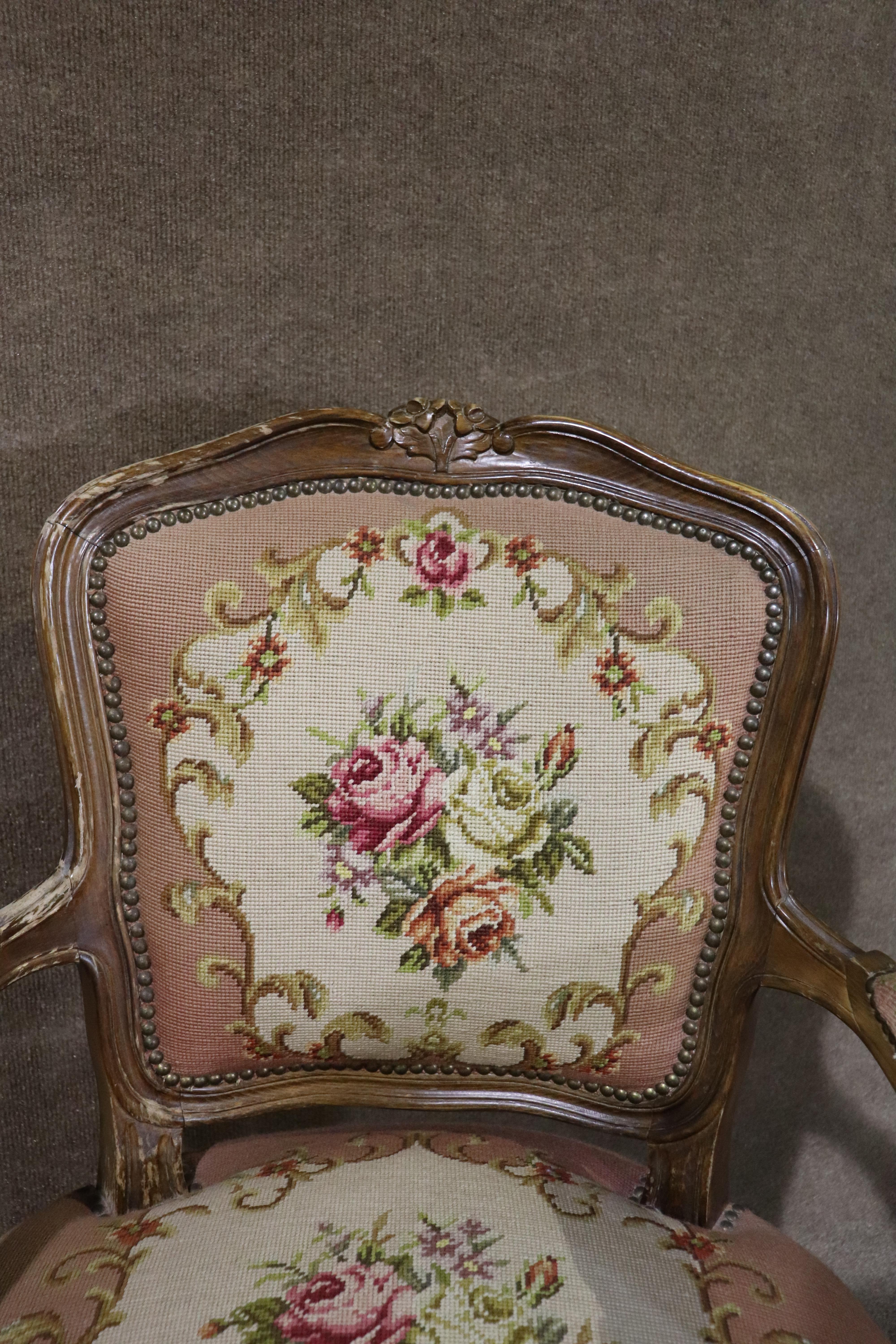French Louis XIV Style Needlepoint Arm Chair For Sale 7