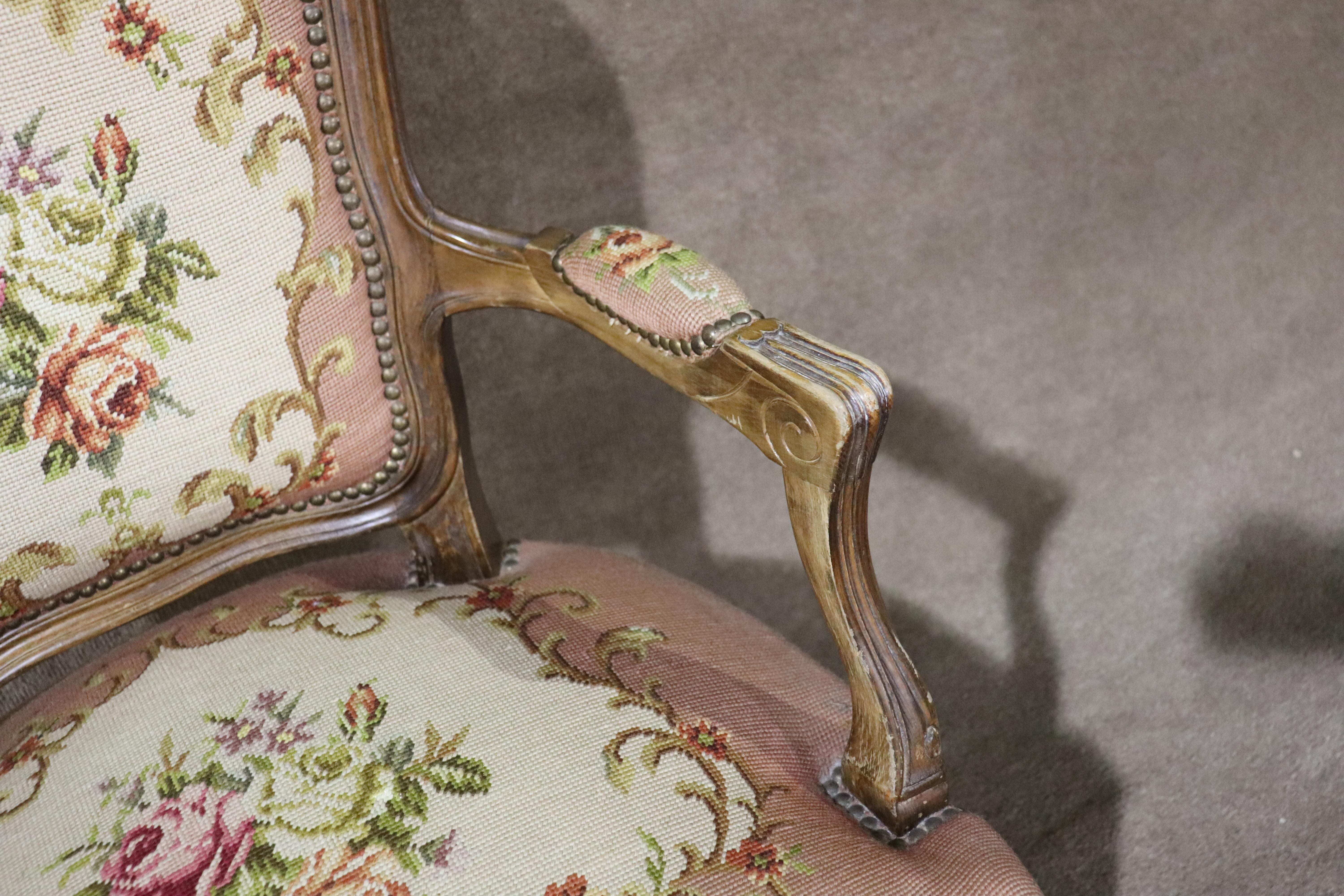 Wood French Louis XIV Style Needlepoint Arm Chair For Sale