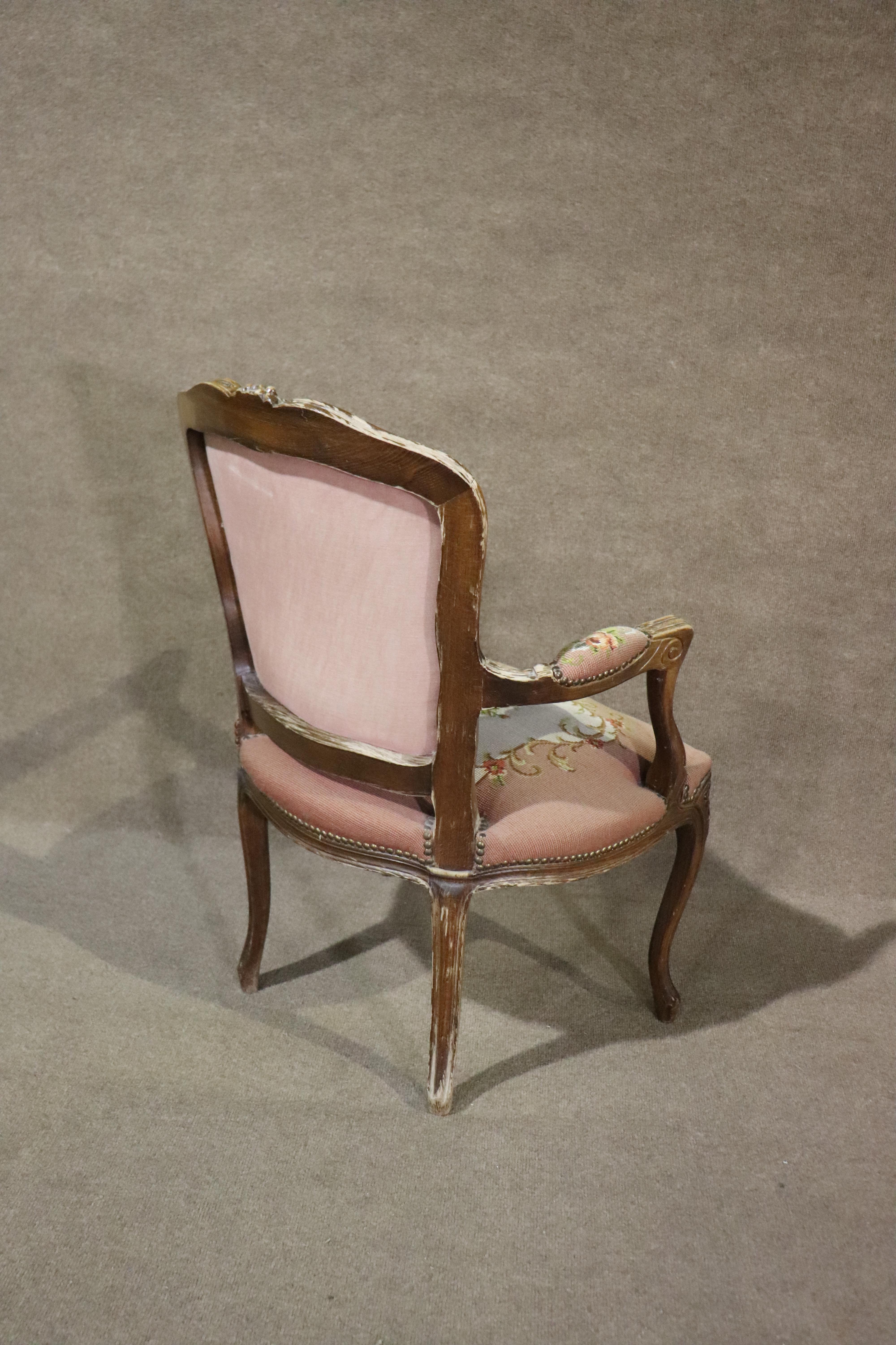 Wood French Louis XIV Style Needlepoint Arm Chair For Sale