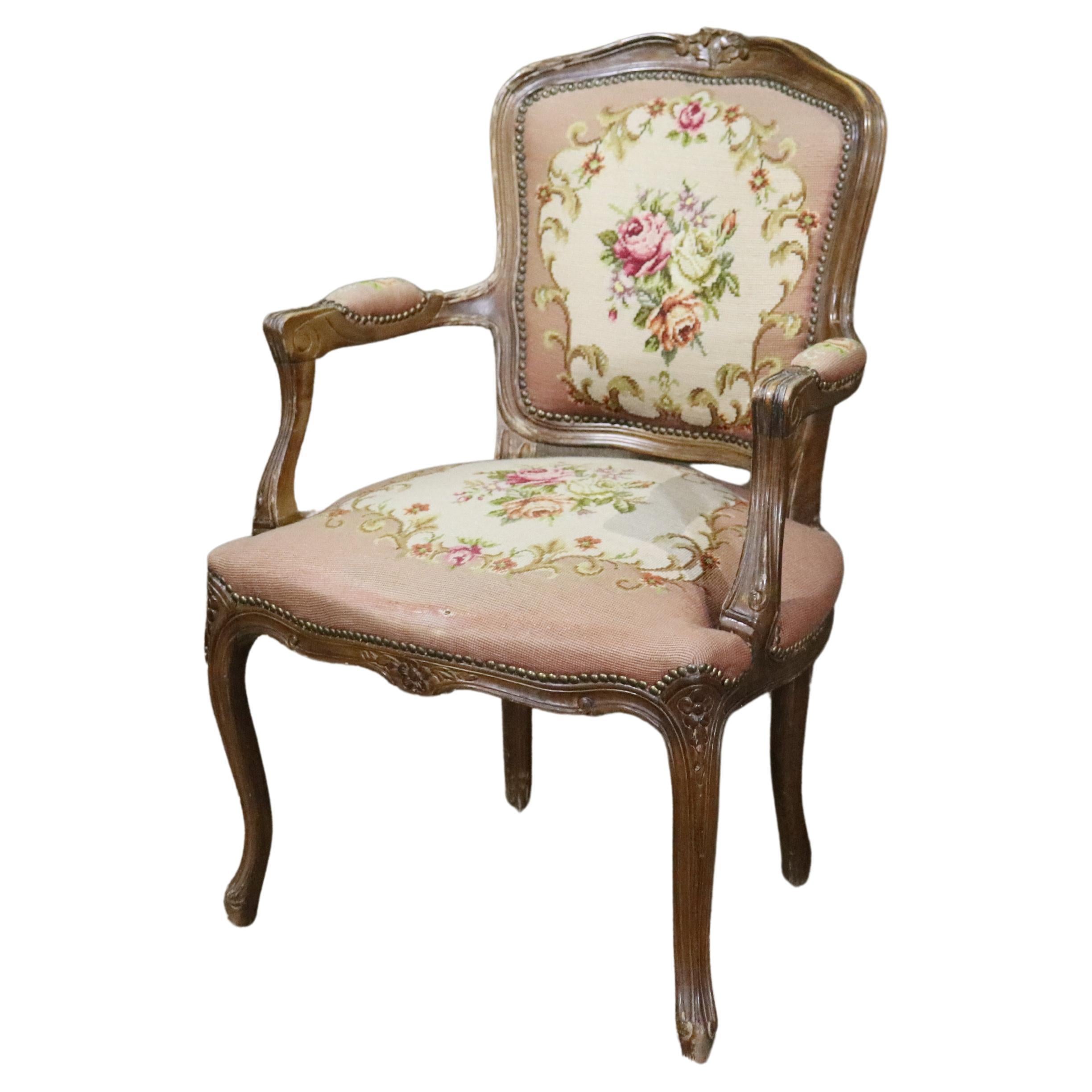 French Louis XIV Style Needlepoint Arm Chair For Sale