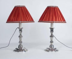 French Louis XIV Style Pair of Silver-Plate Candlestick Lamps, circa 1860-1880