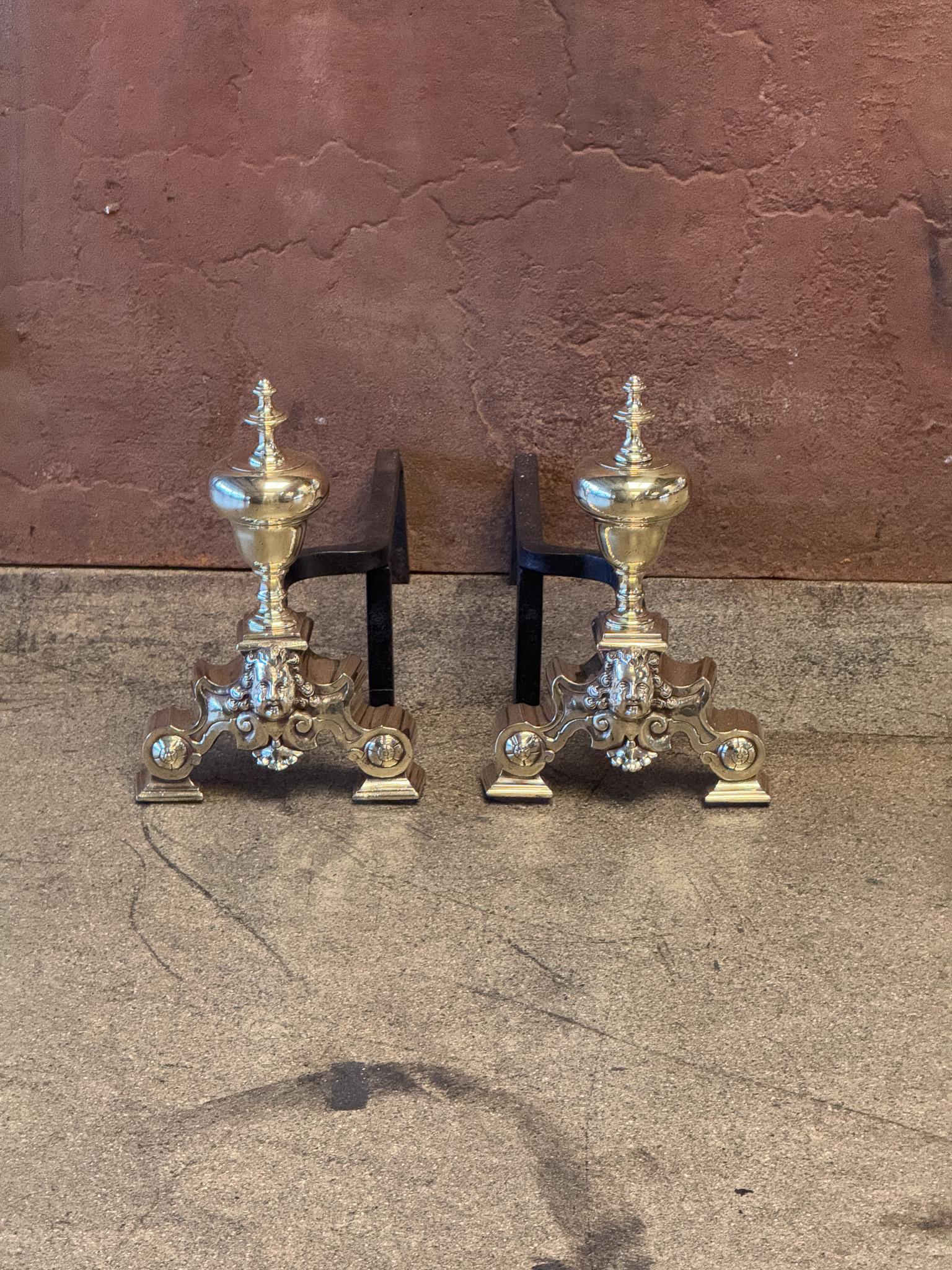 Decorative brass andirons with decorative bar, Louis XIV Style Period. 

