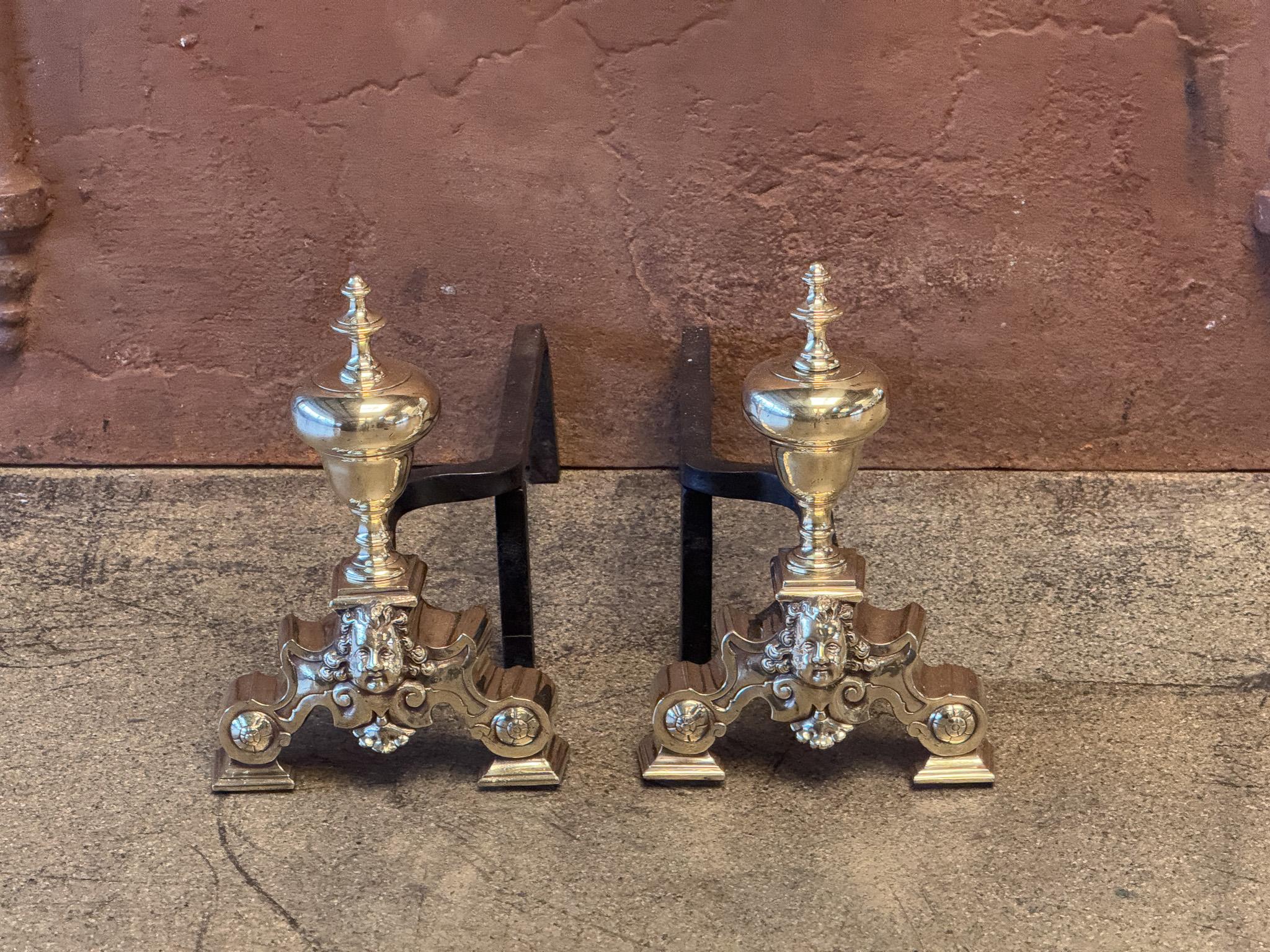 Forged French Louis XIV Style Period Andirons, Firedogs, 19th Century For Sale