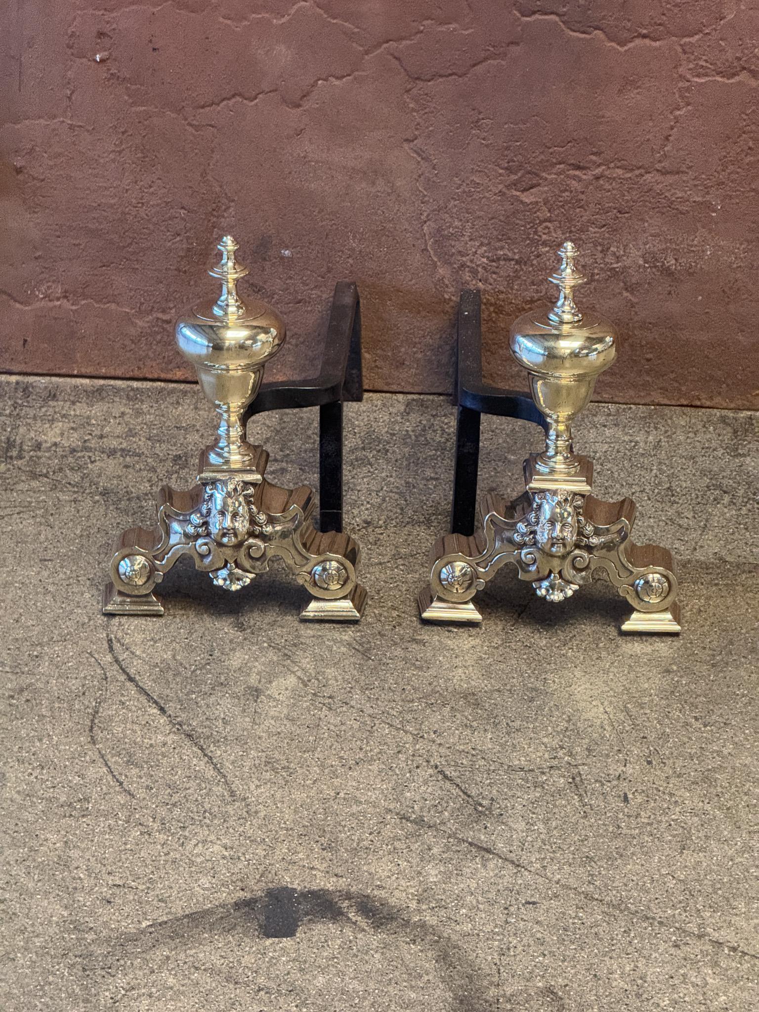 French Louis XIV Style Period Andirons, Firedogs, 19th Century In Good Condition For Sale In Soest, NL