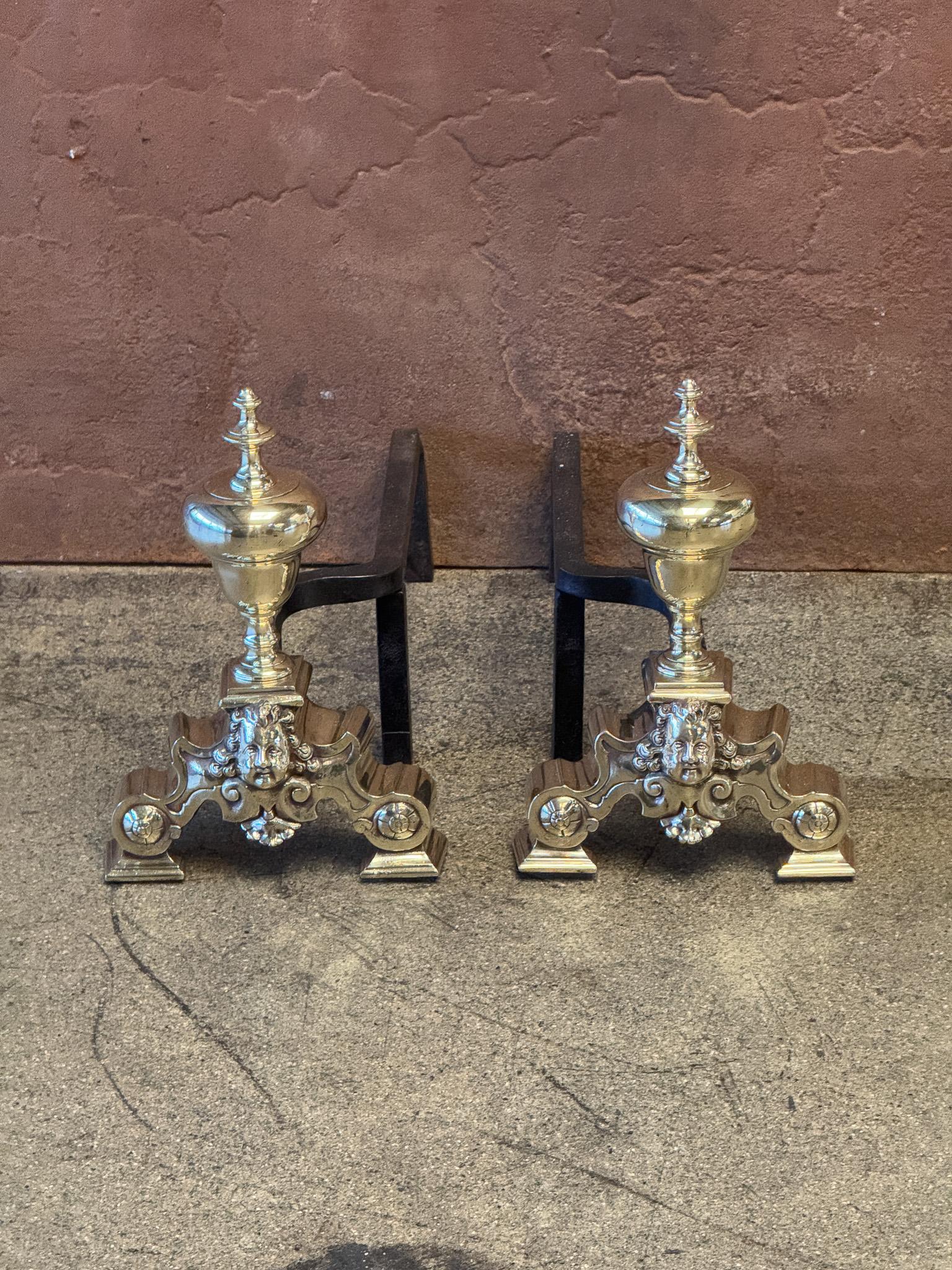 Wrought Iron French Louis XIV Style Period Andirons, Firedogs, 19th Century For Sale
