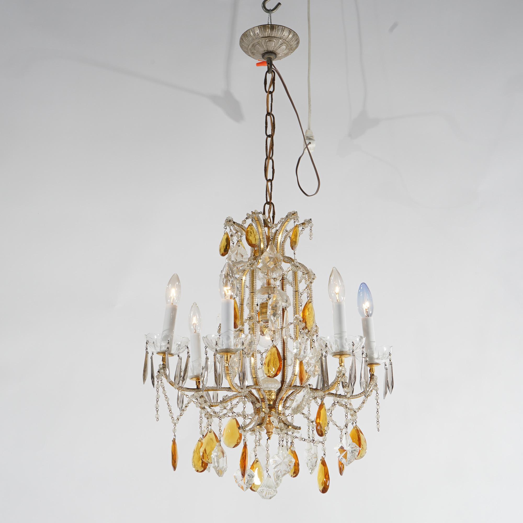 French Louis. XIV Style Seven-Light Crystal Chandelier with Amber Prisms, 20th C For Sale 8