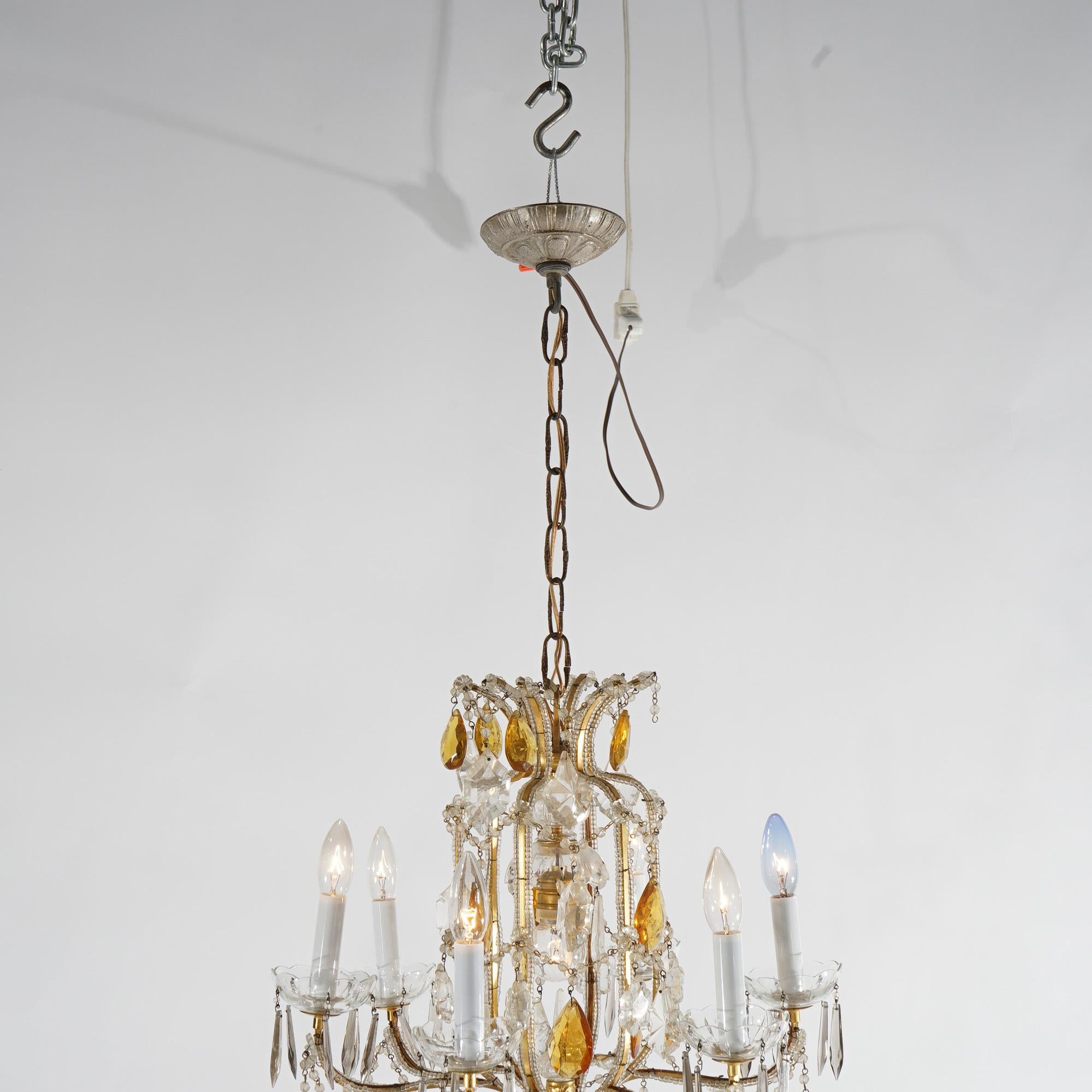 American French Louis. XIV Style Seven-Light Crystal Chandelier with Amber Prisms, 20th C For Sale