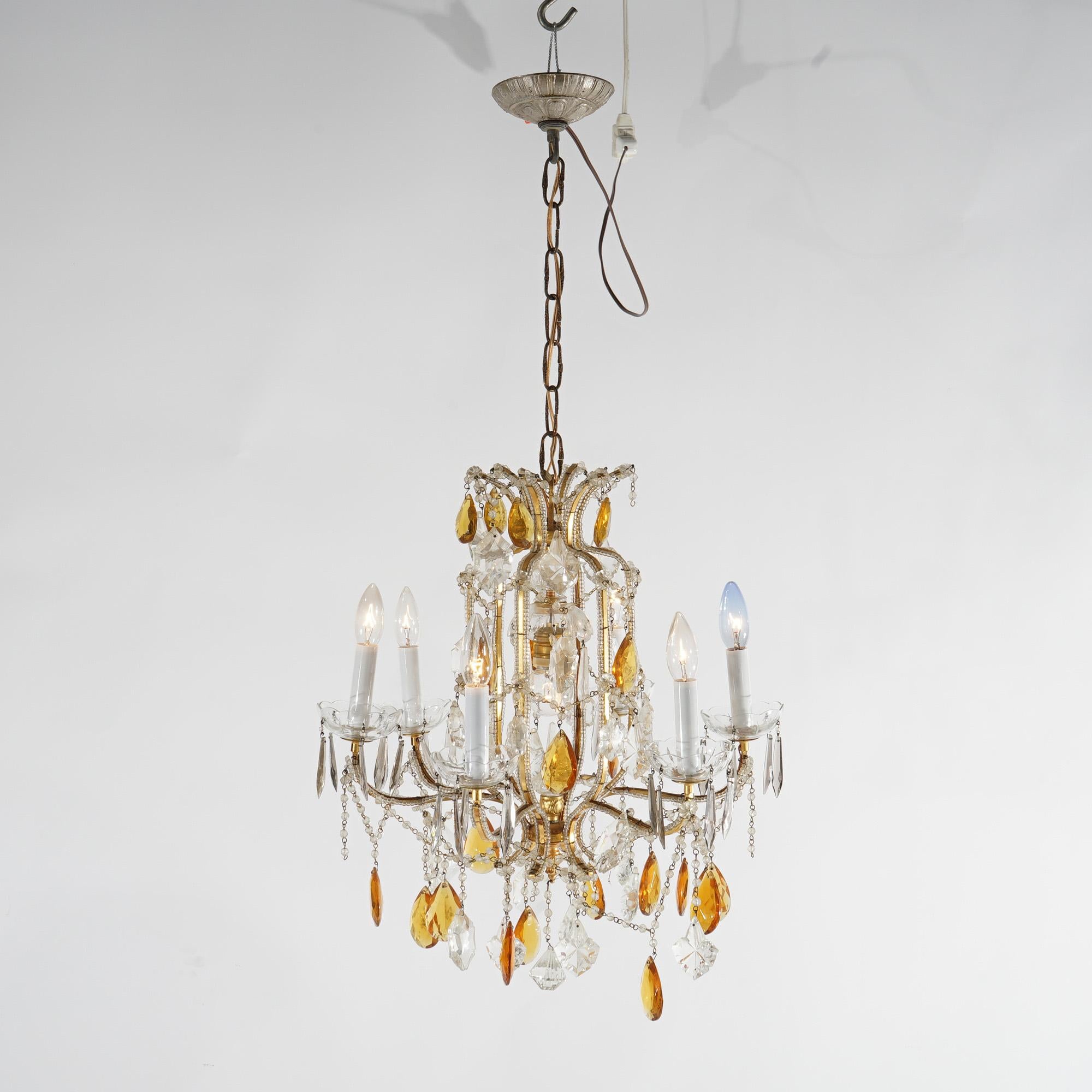 French Louis. XIV Style Seven-Light Crystal Chandelier with Amber Prisms, 20th C In Good Condition For Sale In Big Flats, NY
