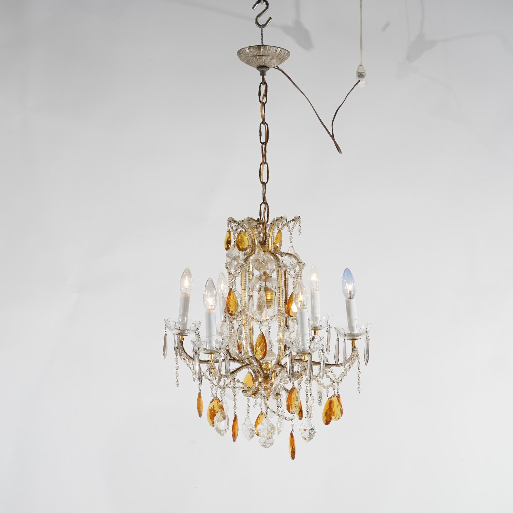 Brass French Louis. XIV Style Seven-Light Crystal Chandelier with Amber Prisms, 20th C For Sale
