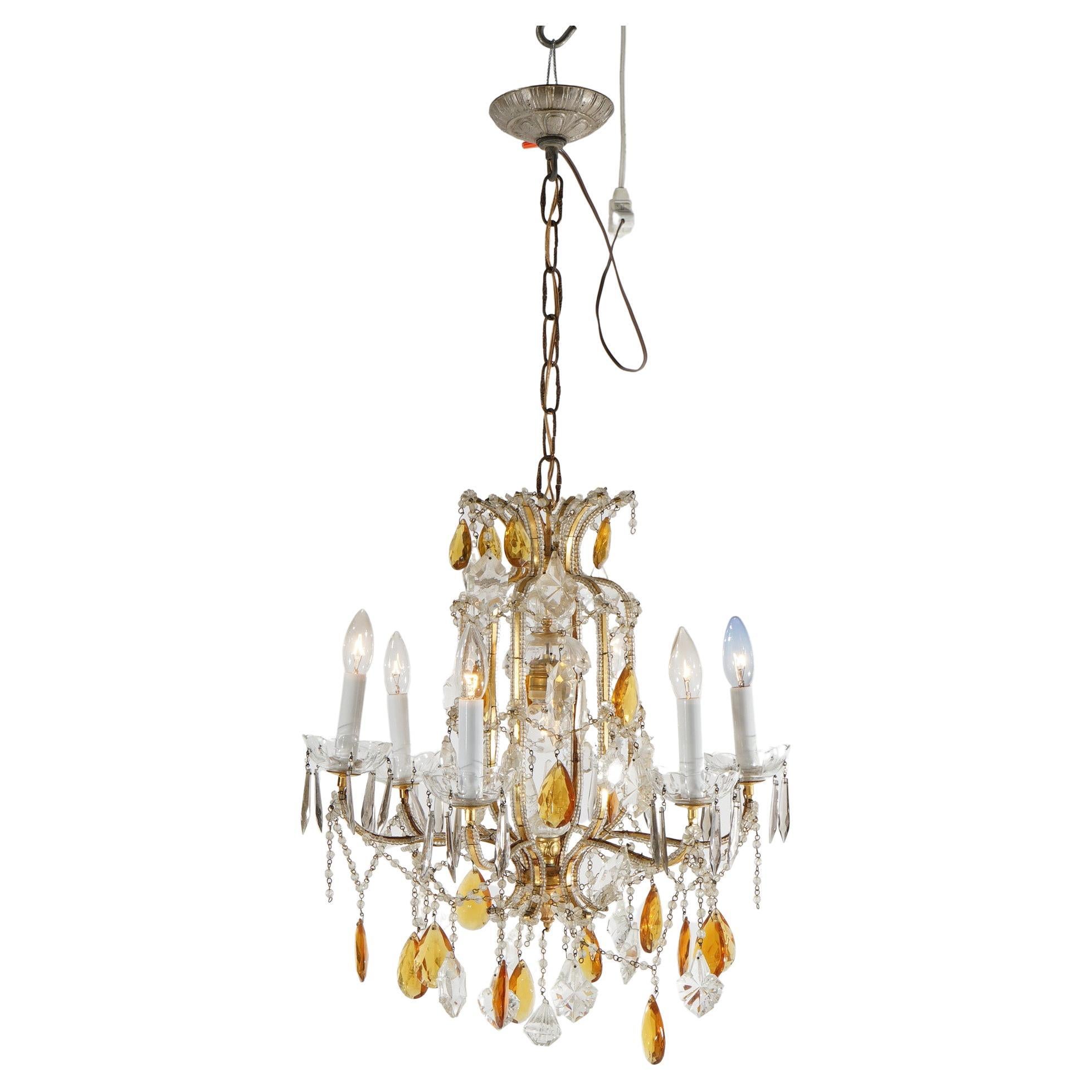 French Louis. XIV Style Seven-Light Crystal Chandelier with Amber Prisms, 20th C For Sale
