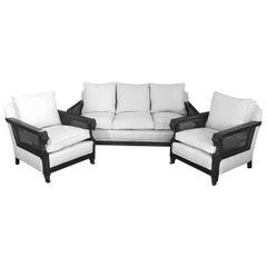 French Louis XIV Style Three-Piece Carved Rams Head Sofa and Armchair Set