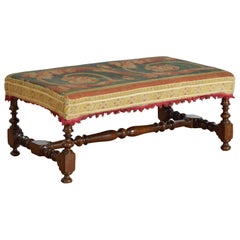 French Louis XIV Style Turned Walnut & Upholstered Bench, mid 19th century