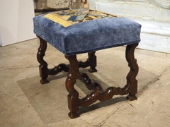 French Louis XIV Walnut Tabouret with Aubusson Tapestry and Blue Velvet, C. 1700