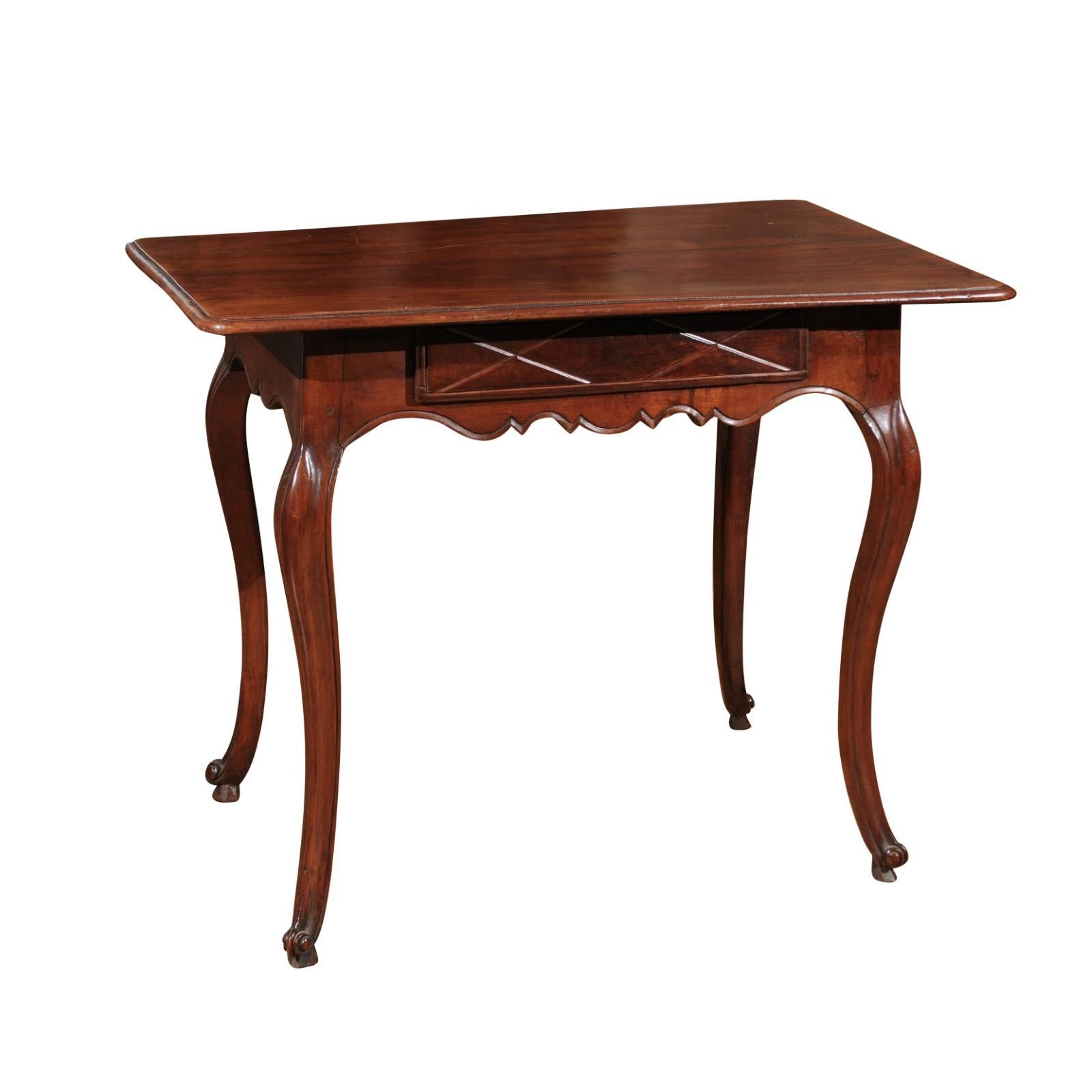 French Louis XV 1780s Solid Walnut Side Table with Drawer and Fretted Motifs