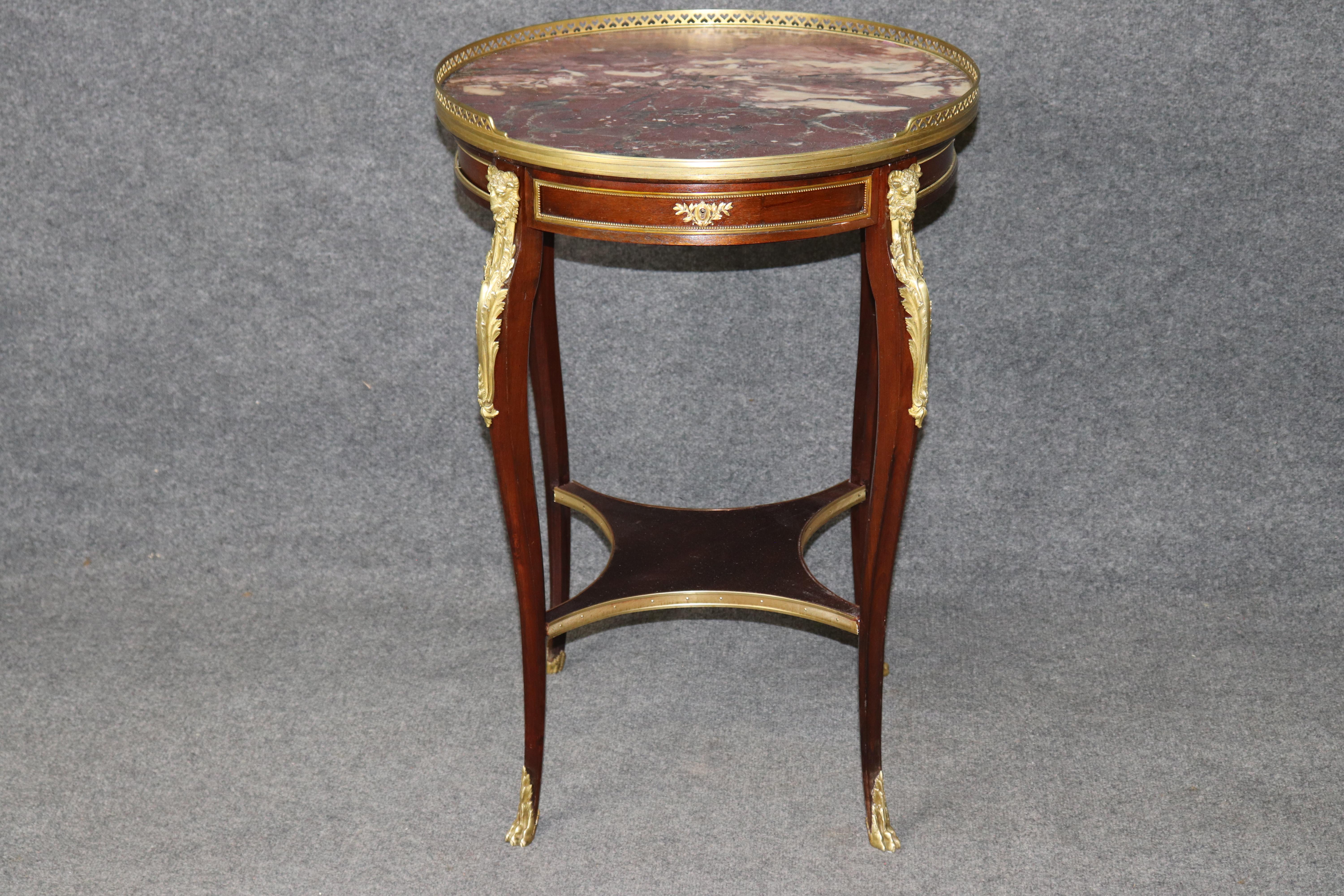 French Louis XV 1870s era Marble Top Bronze Mounted Mahogany Round End by Millet For Sale 1