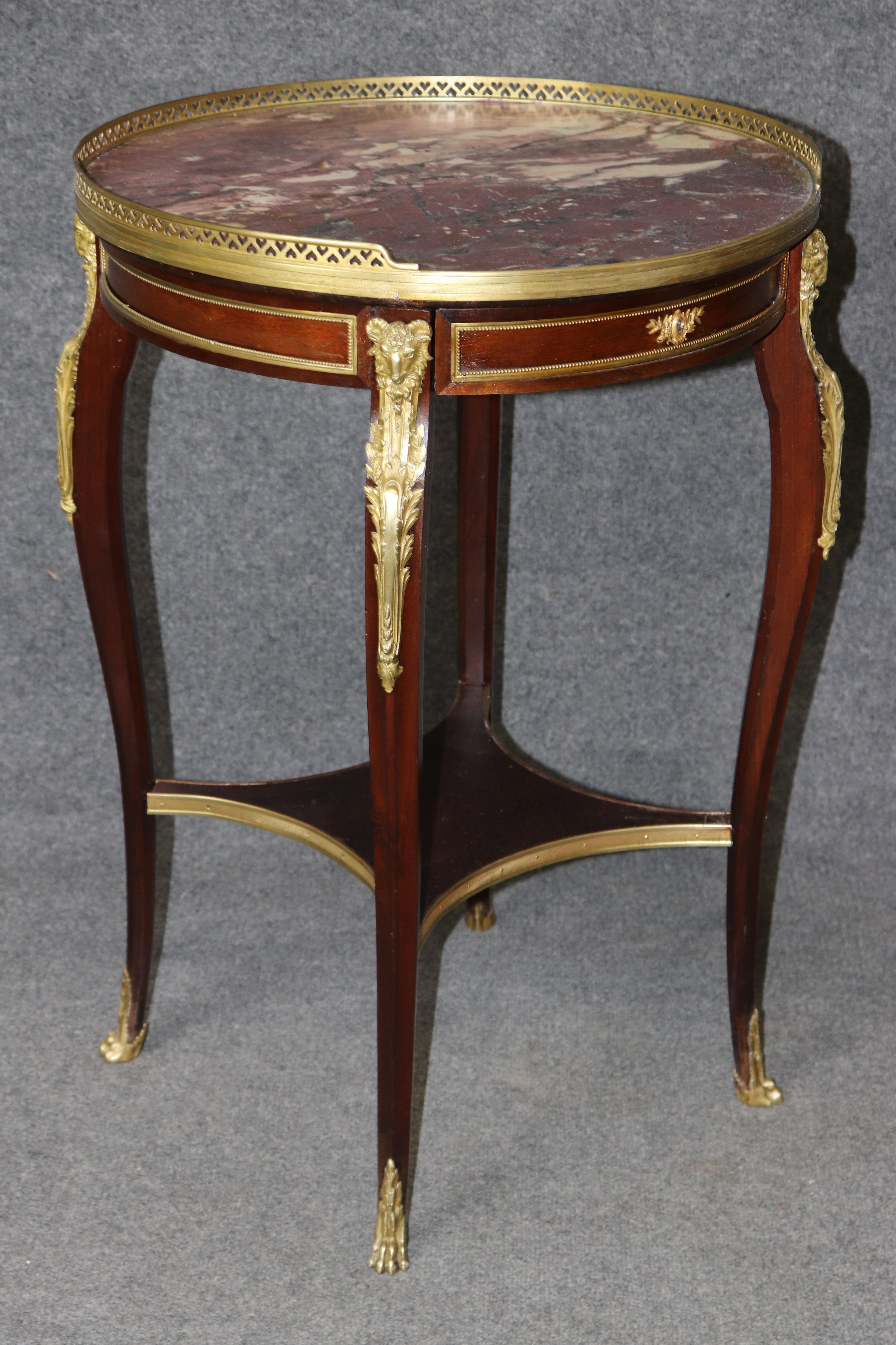 French Louis XV 1870s era Marble Top Bronze Mounted Mahogany Round End by Millet For Sale 2