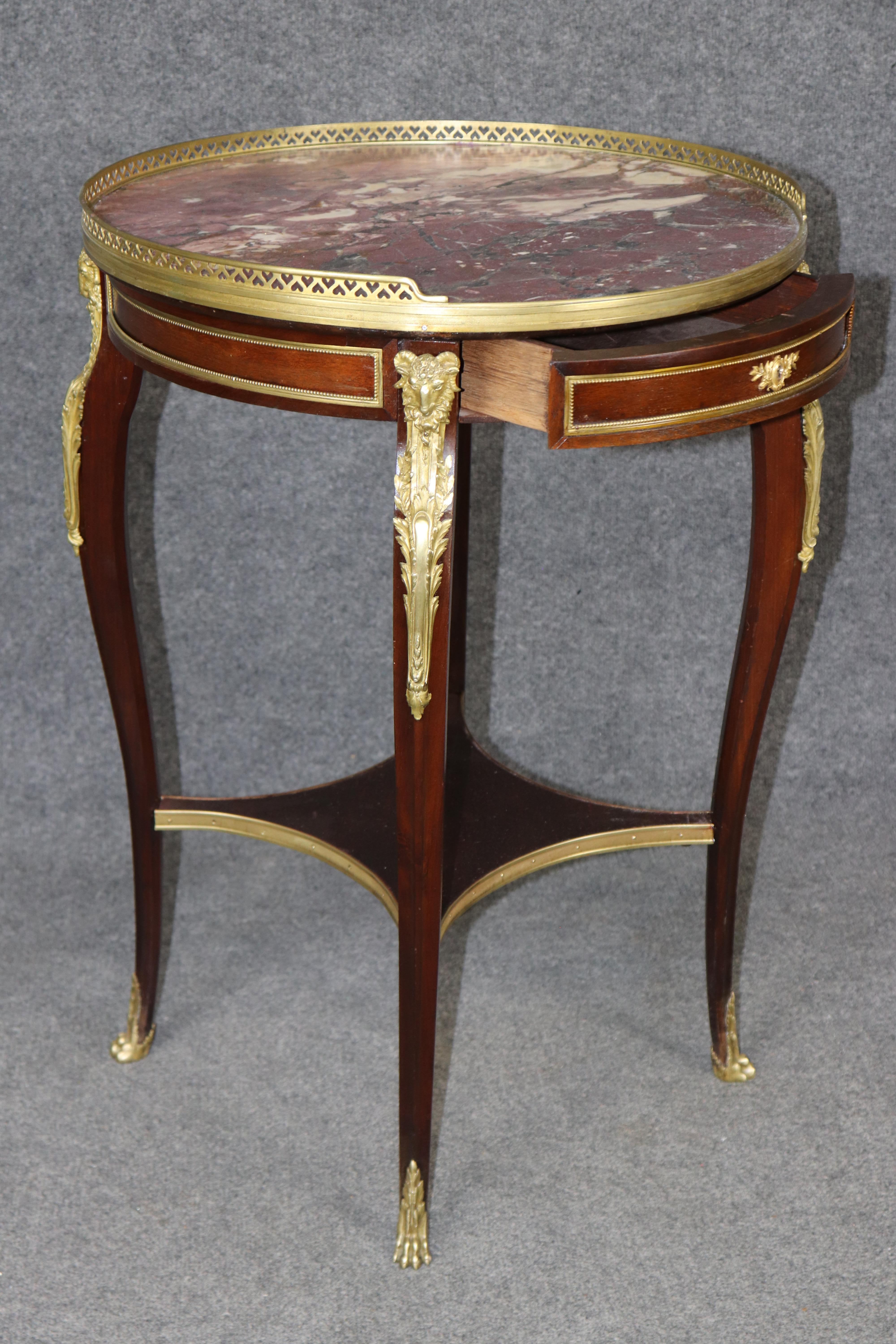French Louis XV 1870s era Marble Top Bronze Mounted Mahogany Round End by Millet For Sale 5