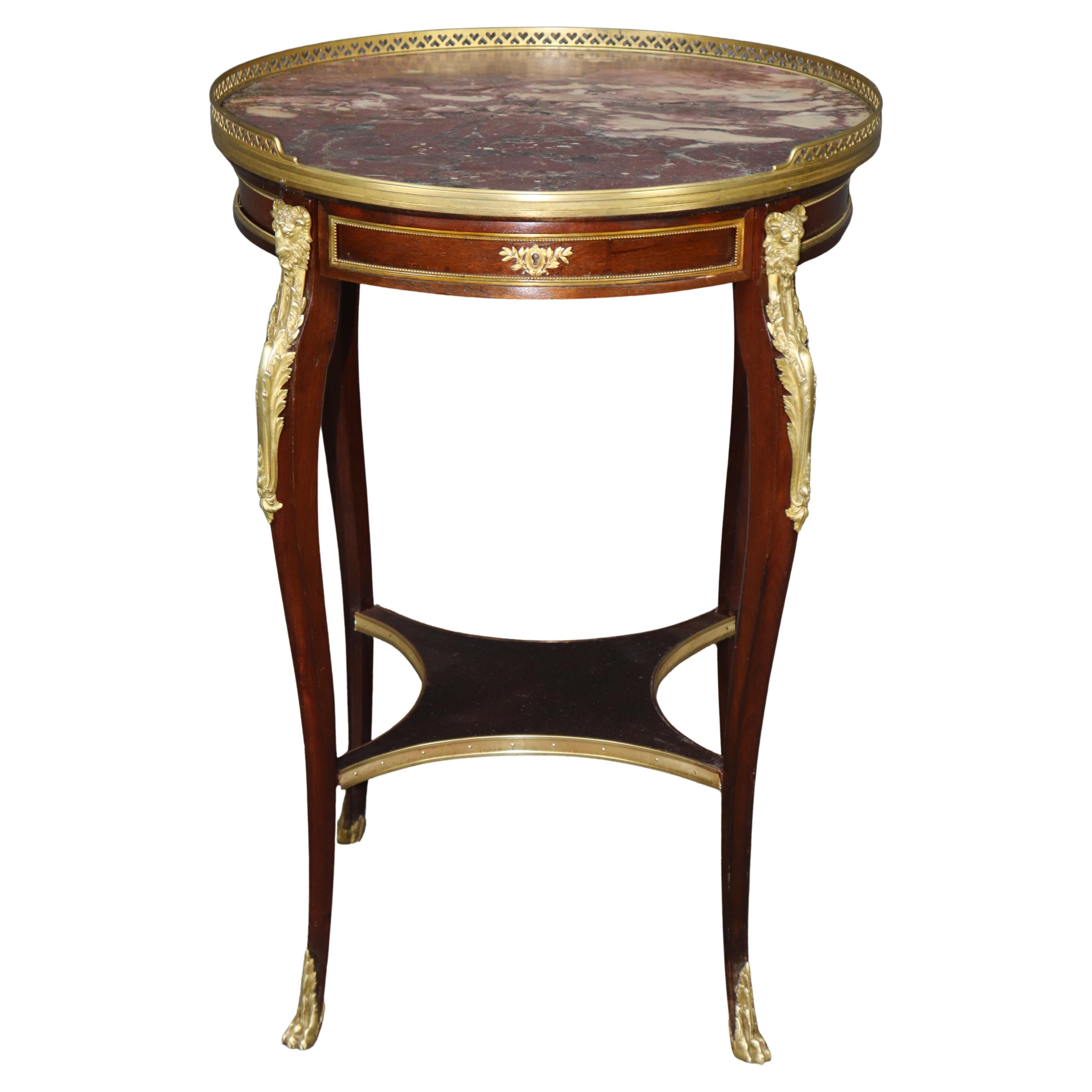 French Louis XV 1870s era Marble Top Bronze Mounted Mahogany Round End by Millet For Sale
