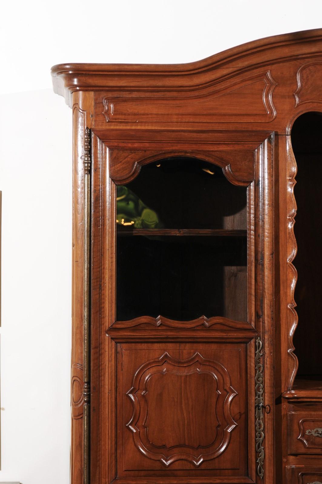Hand-Carved French Louis XV 18th Century Walnut Provençal Bookcase with Doors and Drawers