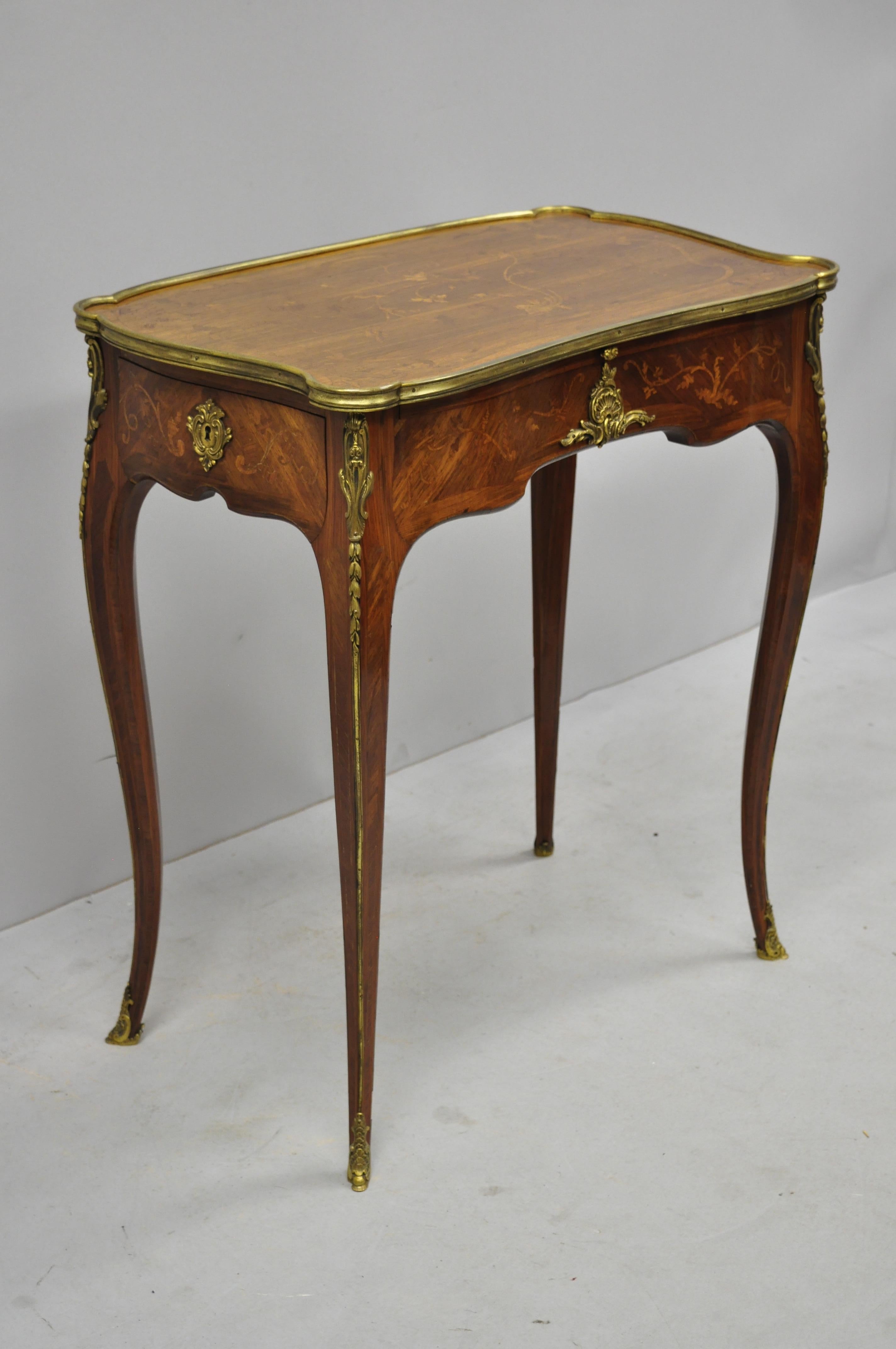 French Louis XV 2-Drawer Inlaid Table & Green Leather by C. Mellier & Co London For Sale 6
