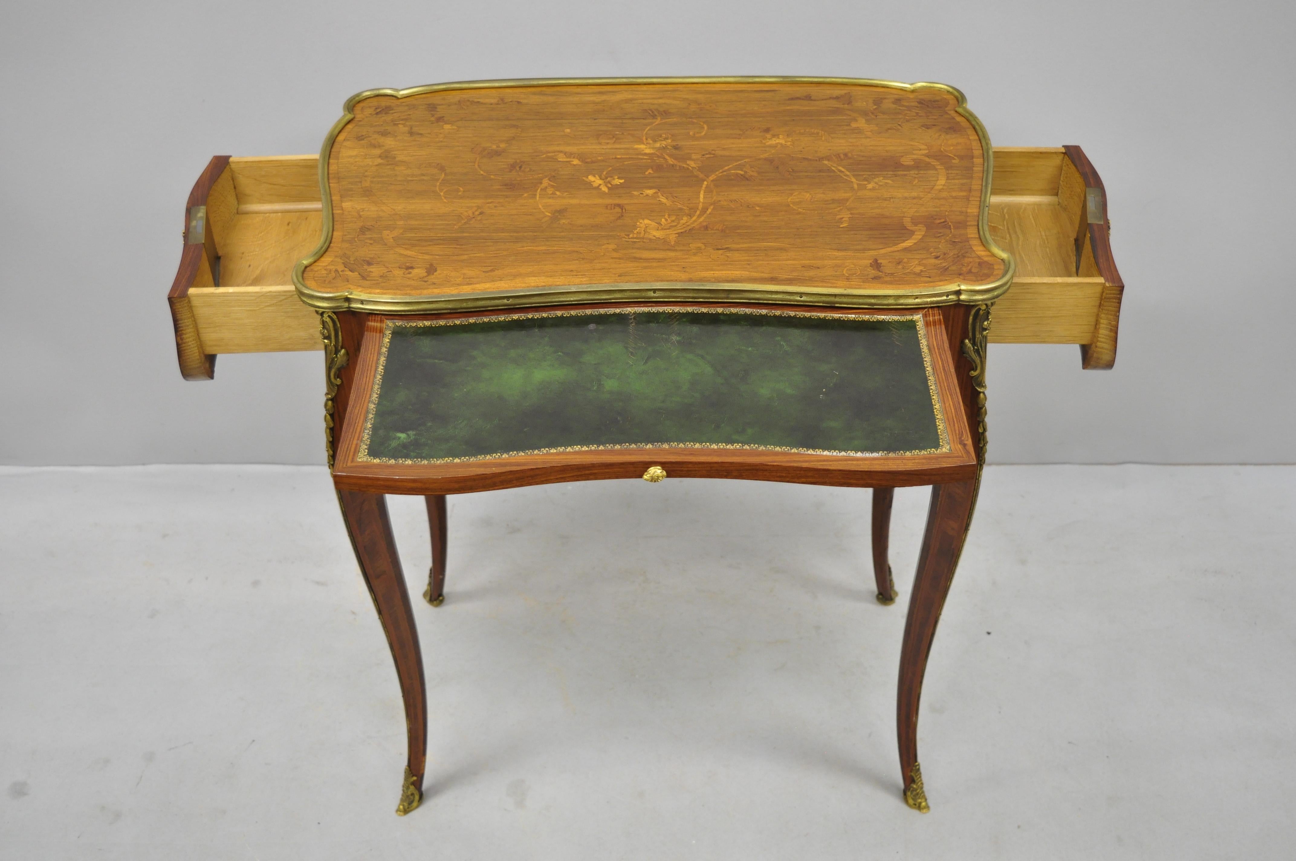 English French Louis XV 2-Drawer Inlaid Table & Green Leather by C. Mellier & Co London For Sale