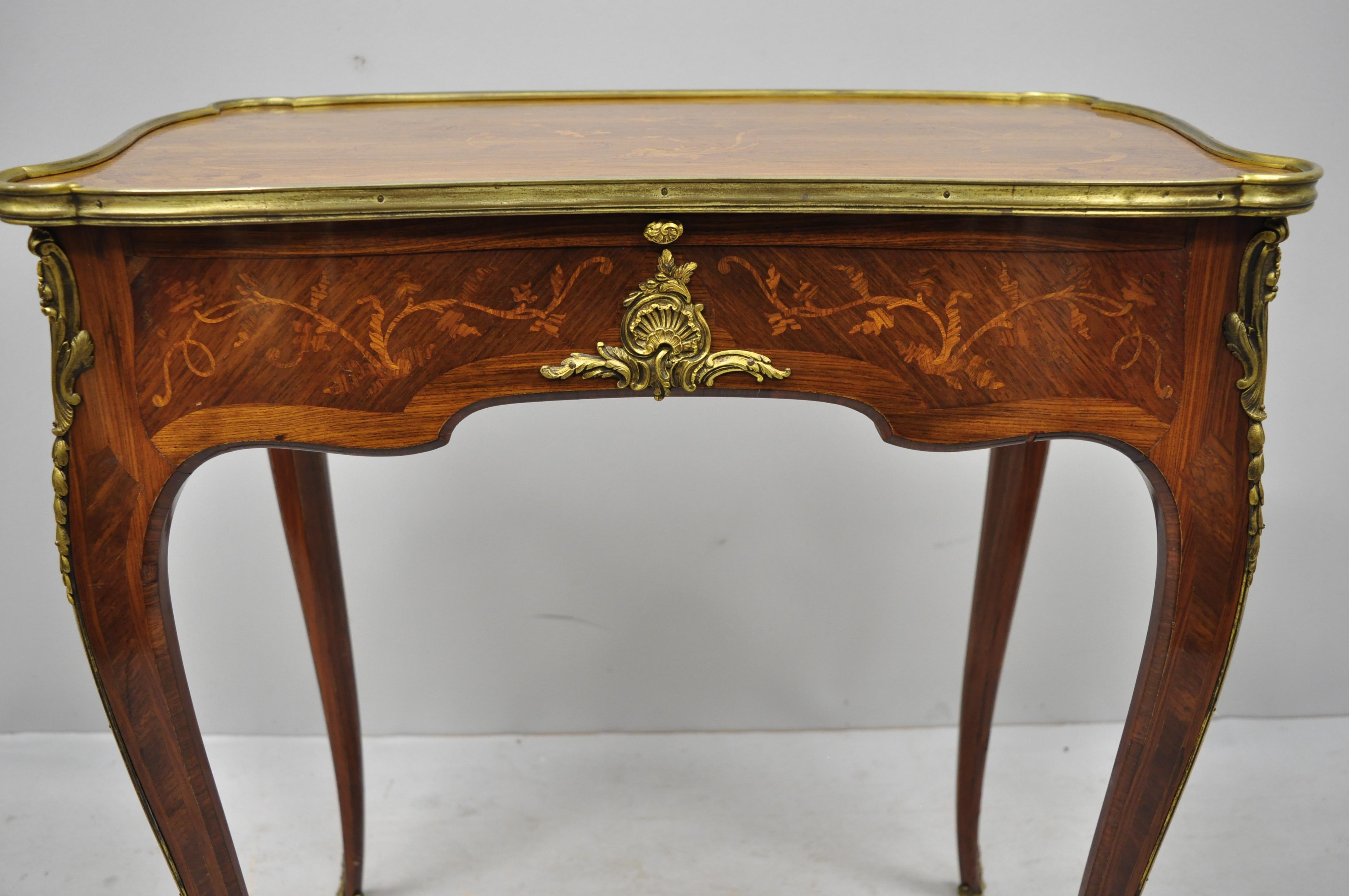 French Louis XV 2-Drawer Inlaid Table & Green Leather by C. Mellier & Co London In Good Condition For Sale In Philadelphia, PA