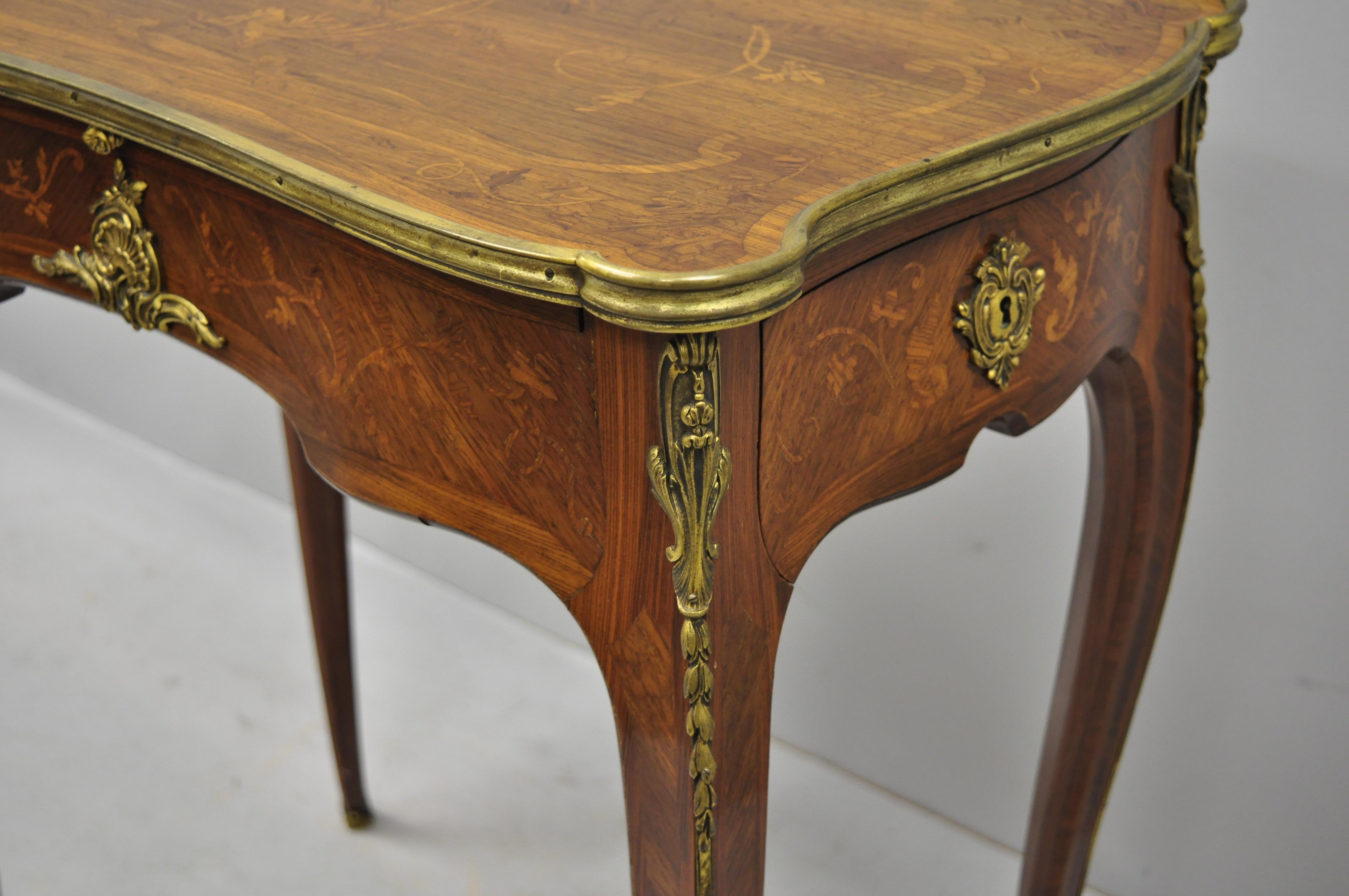 French Louis XV 2-Drawer Inlaid Table & Green Leather by C. Mellier & Co London For Sale 1