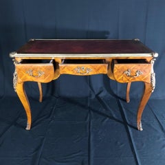 French Louis XV 2 Sided Desk or Bureau Plat with Original Embossed Leather Top