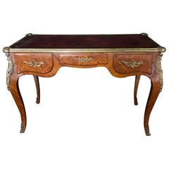 French Louis XV 2 Sided Desk or Bureau Plat with Original Embossed Leather Top
