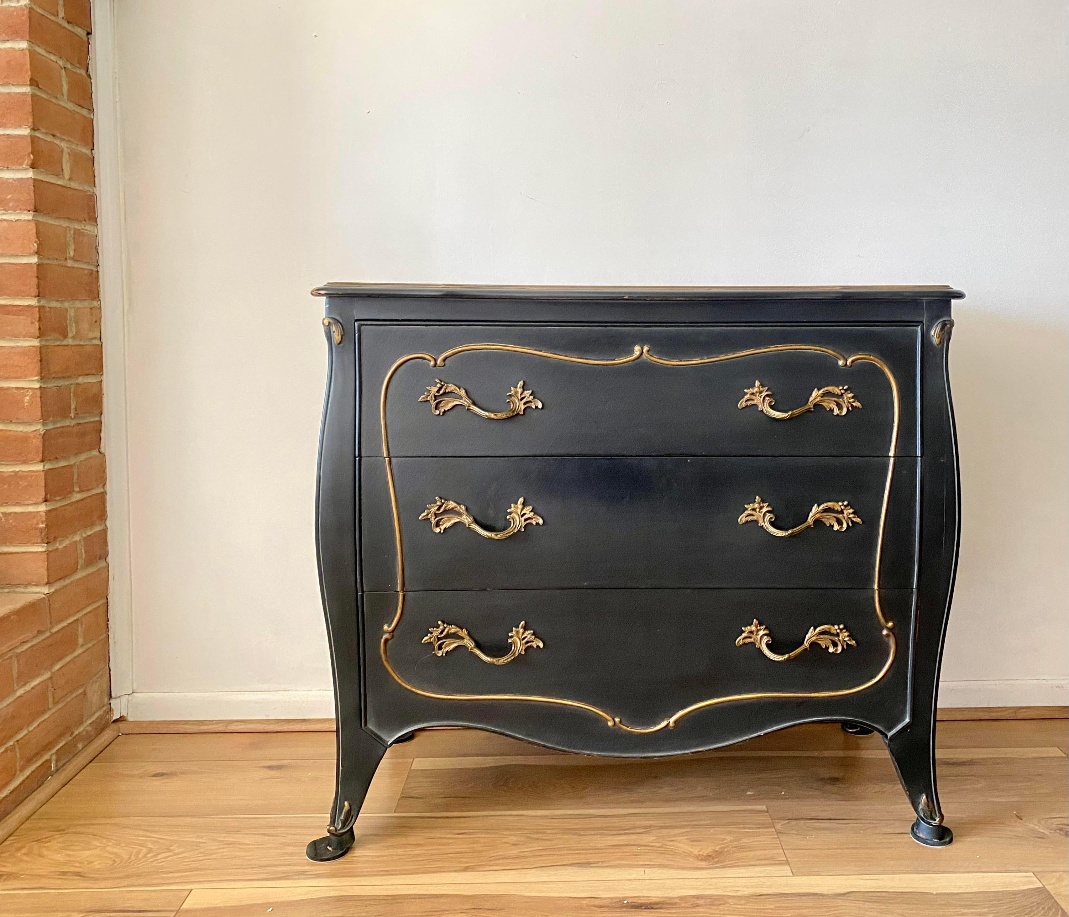 This beautiful French 3-Drawer Dresser Chest is a stunning piece of furniture that will add elegance and style to any room. The chest is crafted in the traditional Louis XV style, with its characteristic curved lines and intricate brass mounts. The