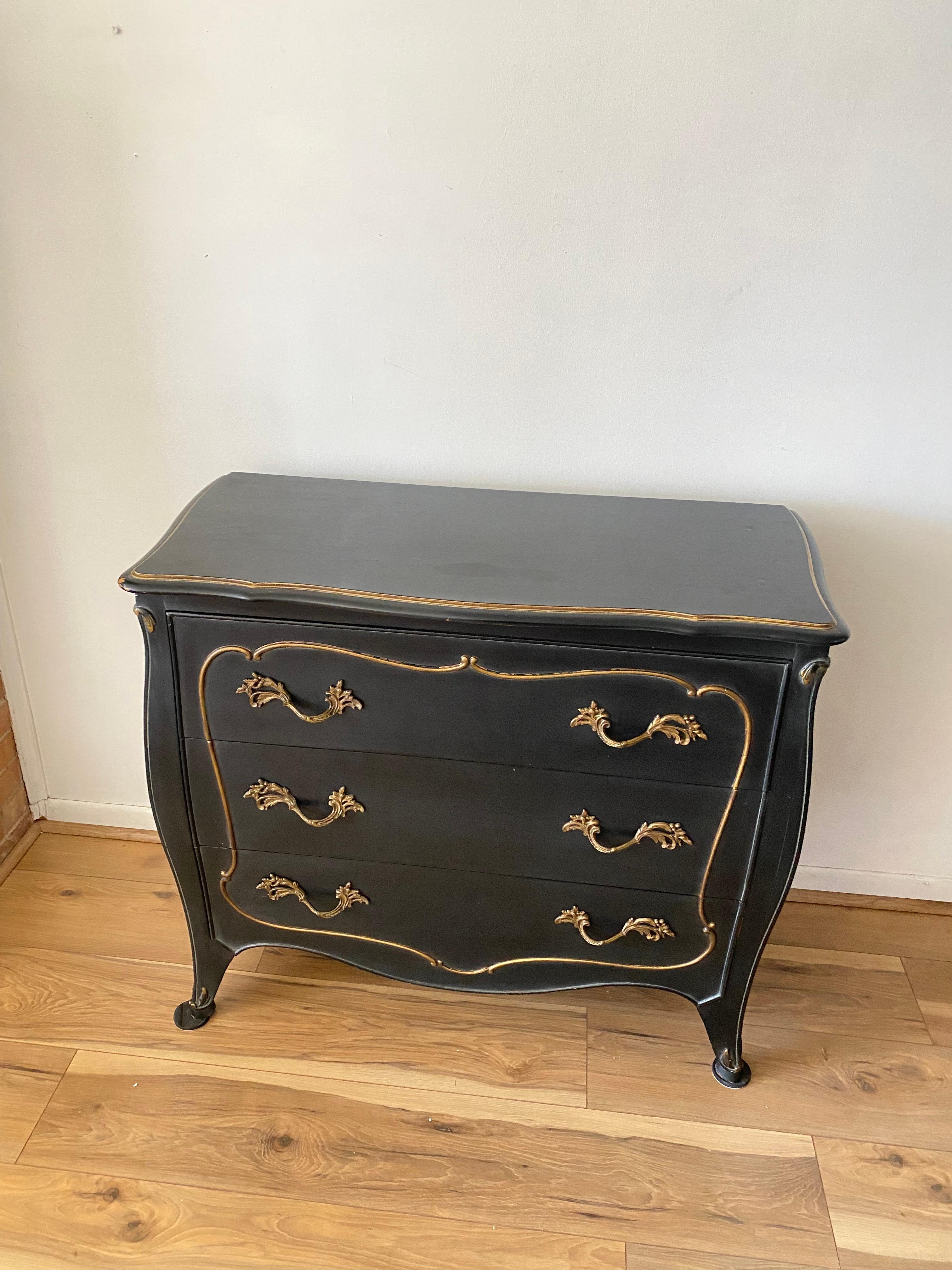 North American French Louis XV 3 Drawer Black Bombay Dresser Chest With Brass Mounts