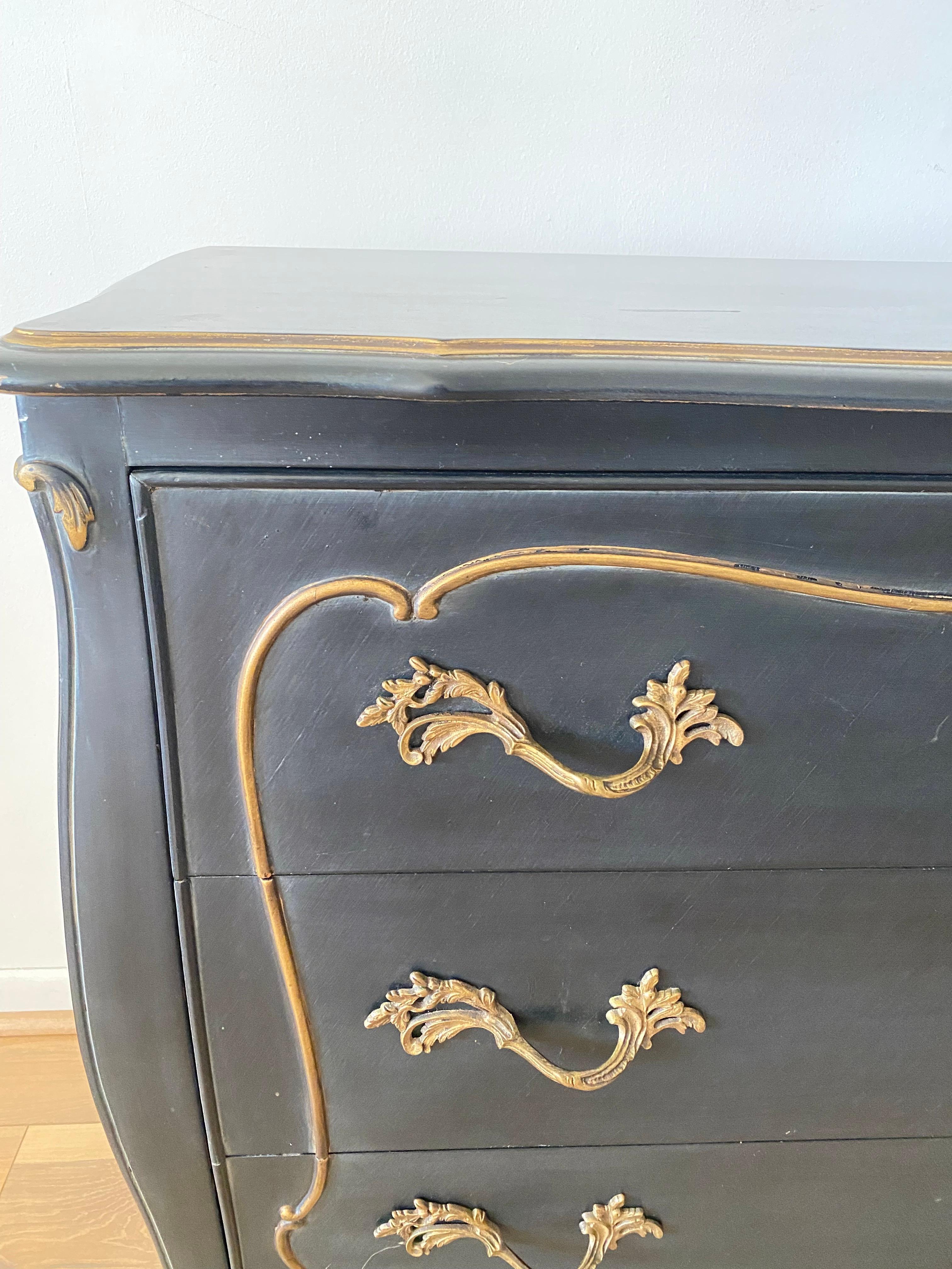French Louis XV 3 Drawer Black Bombay Dresser Chest With Brass Mounts 1