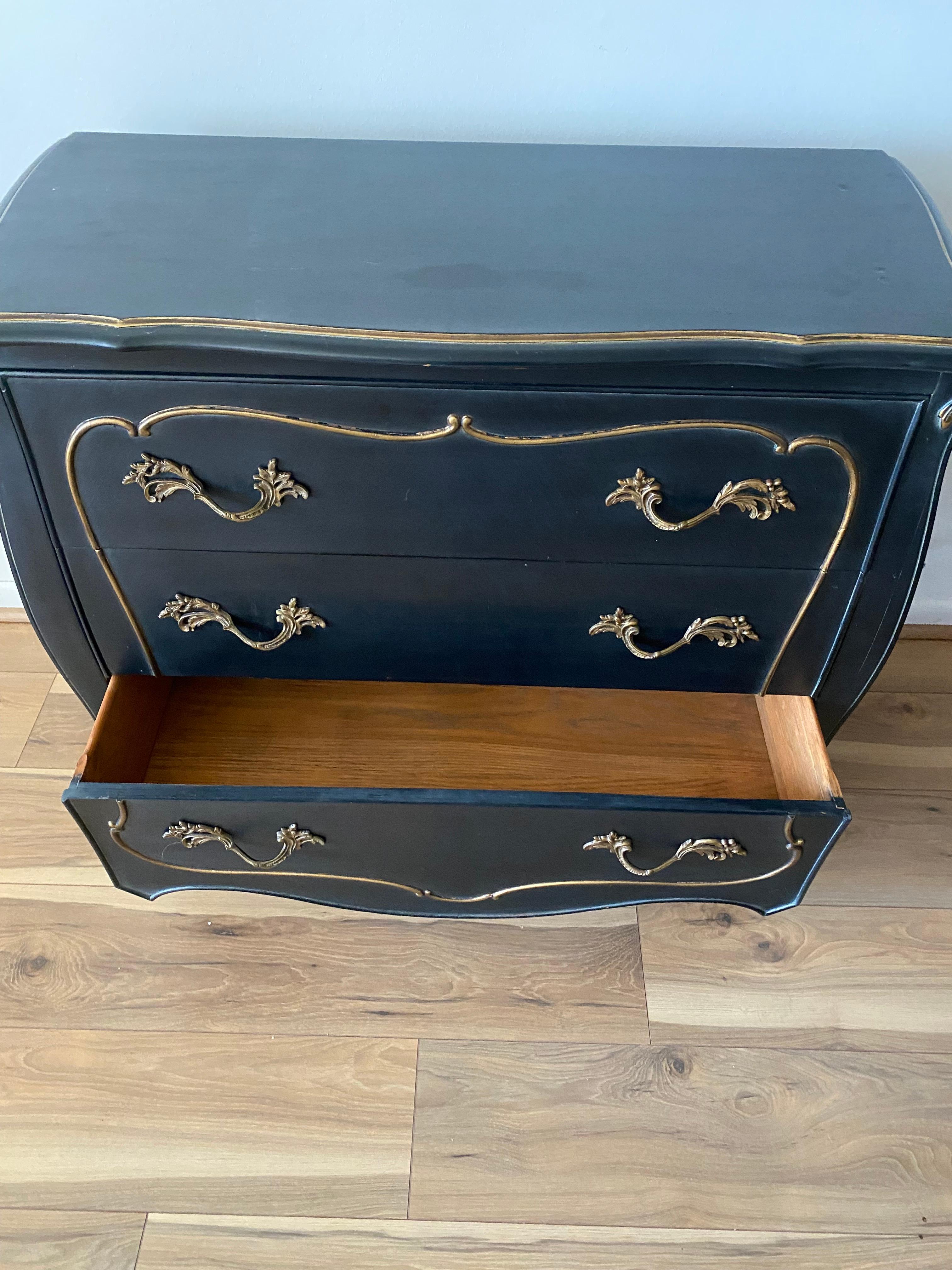 French Louis XV 3 Drawer Black Bombay Dresser Chest With Brass Mounts 2