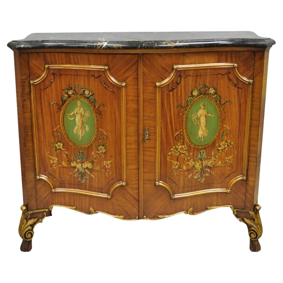 French Louis XV Adam Style Marble Top Kingwood Hand Painted Commode w/ Drawers For Sale