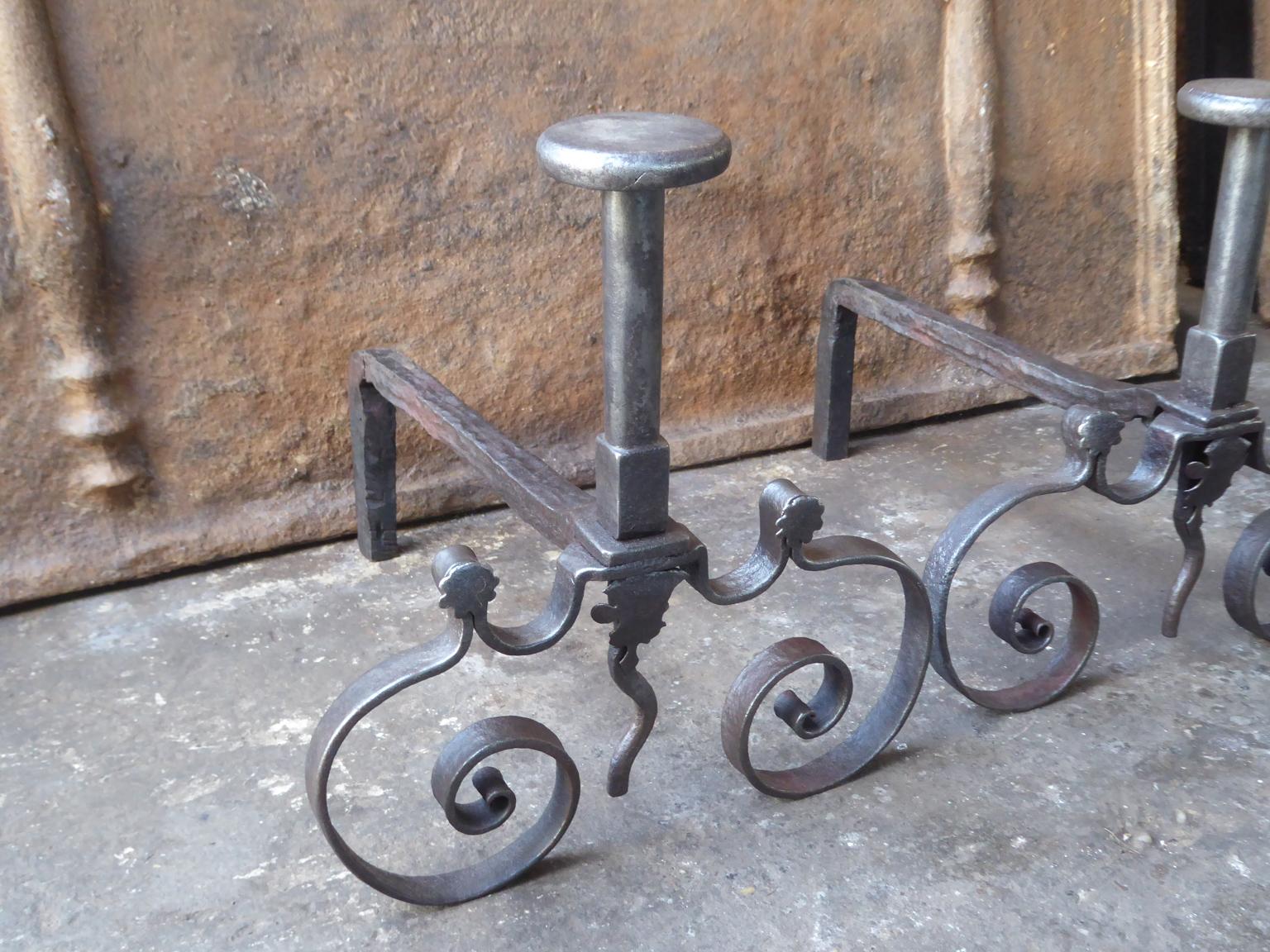 Wrought Iron French Louis XV Andirons or Firedogs, 18th Century For Sale