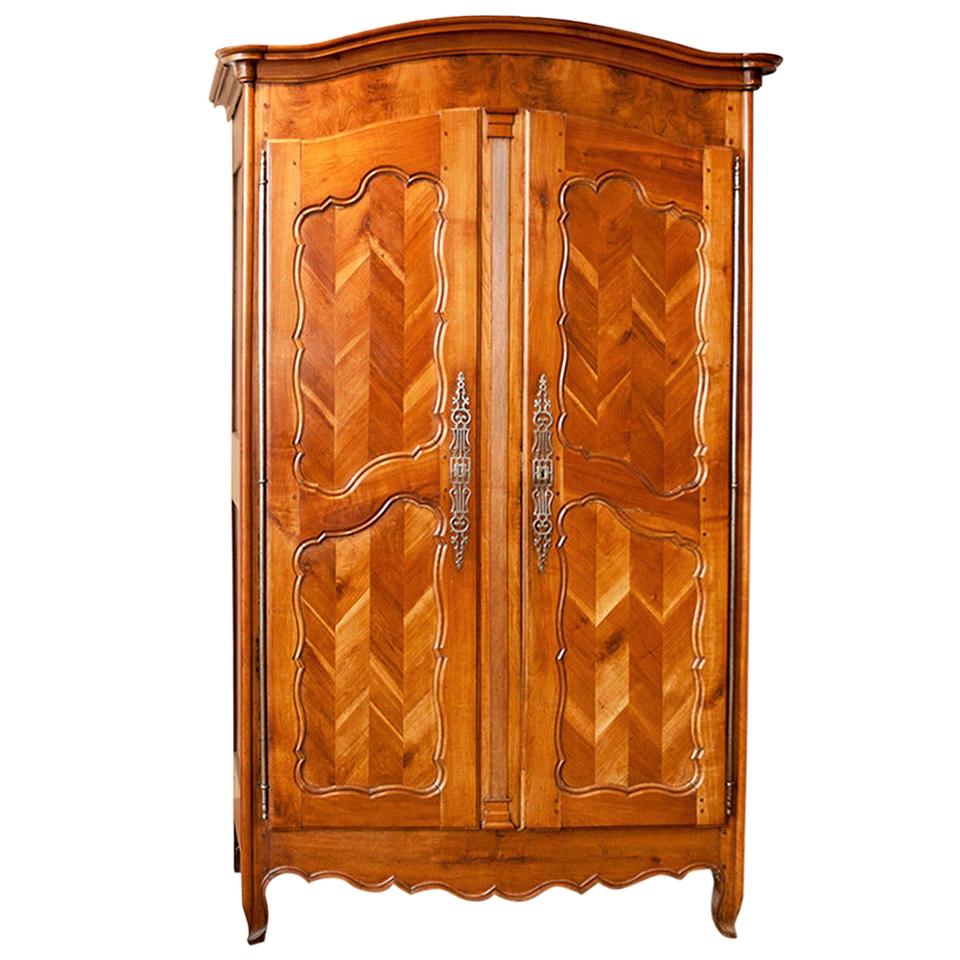 Antique French Louis XV Style Armoire in Cherrywood w Chevron or "fougère Panels