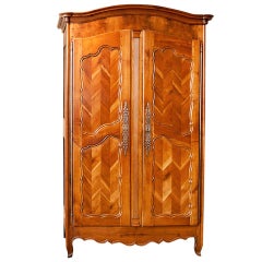 Antique French Louis XV Style Armoire in Cherrywood w Chevron or "fougère Panels