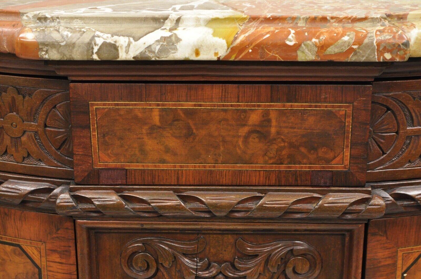 French Louis XV Baroque Style Carved Burl Walnut Rouge Marble Top Commode Server For Sale 6