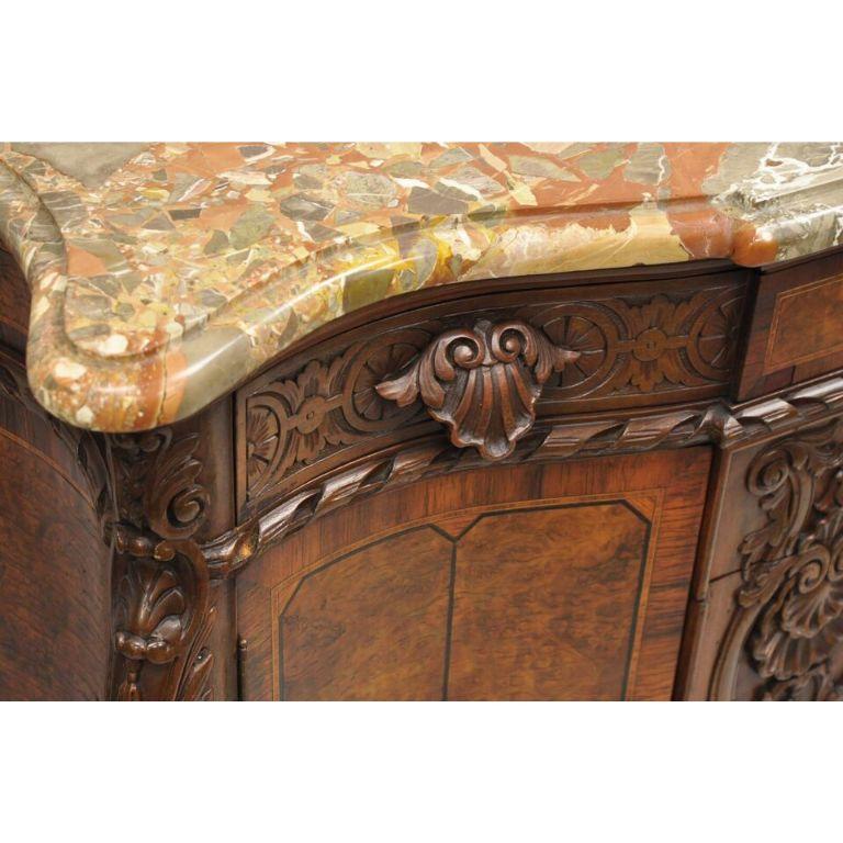 French Louis XV Baroque Style Carved Burl Walnut Rouge Marble Top Commode Server For Sale 8