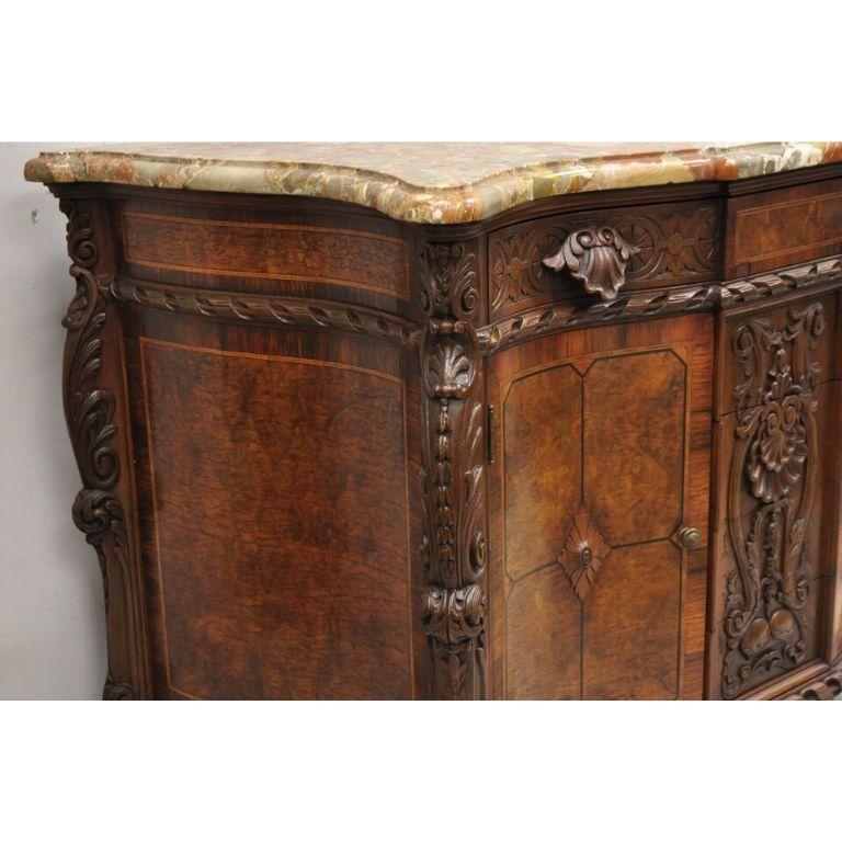 French Louis XV Baroque Style Carved Burl Walnut Rouge Marble Top Commode Server For Sale 9