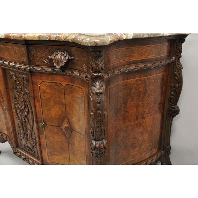 French Louis XV Baroque Style Carved Burl Walnut Rouge Marble Top Commode Server For Sale 10