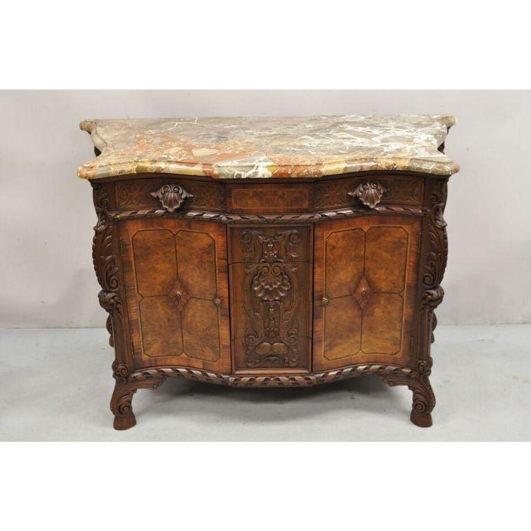 French Louis XV Baroque Style Carved Burl Walnut Rouge Marble Top Commode Server For Sale 12